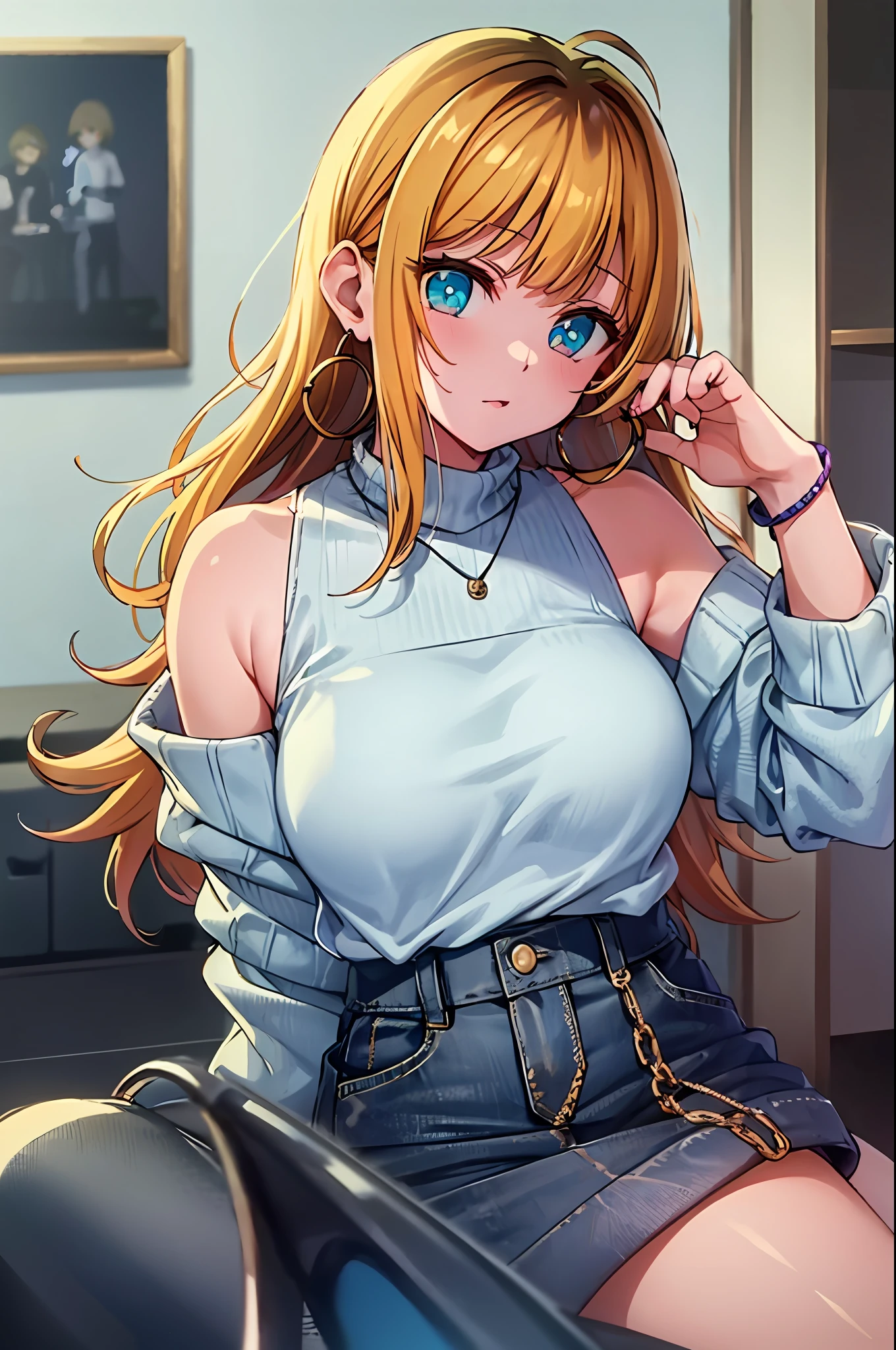 ​masterpiece, hightquality, Hi-Res, MEMcho, Indoors, cowboy  shot, Black skirt, The shirt, off shoulders, off-the-shoulder sweater, (Light blue sweater:1.2), sleeveless shirts, High Neck Sleeveless Shirt, Black shirt, Sweaters, Sweater sleeve wrist too much, sitting on, hoop earrings,animesque、a blond、only the head is black,,Anime style