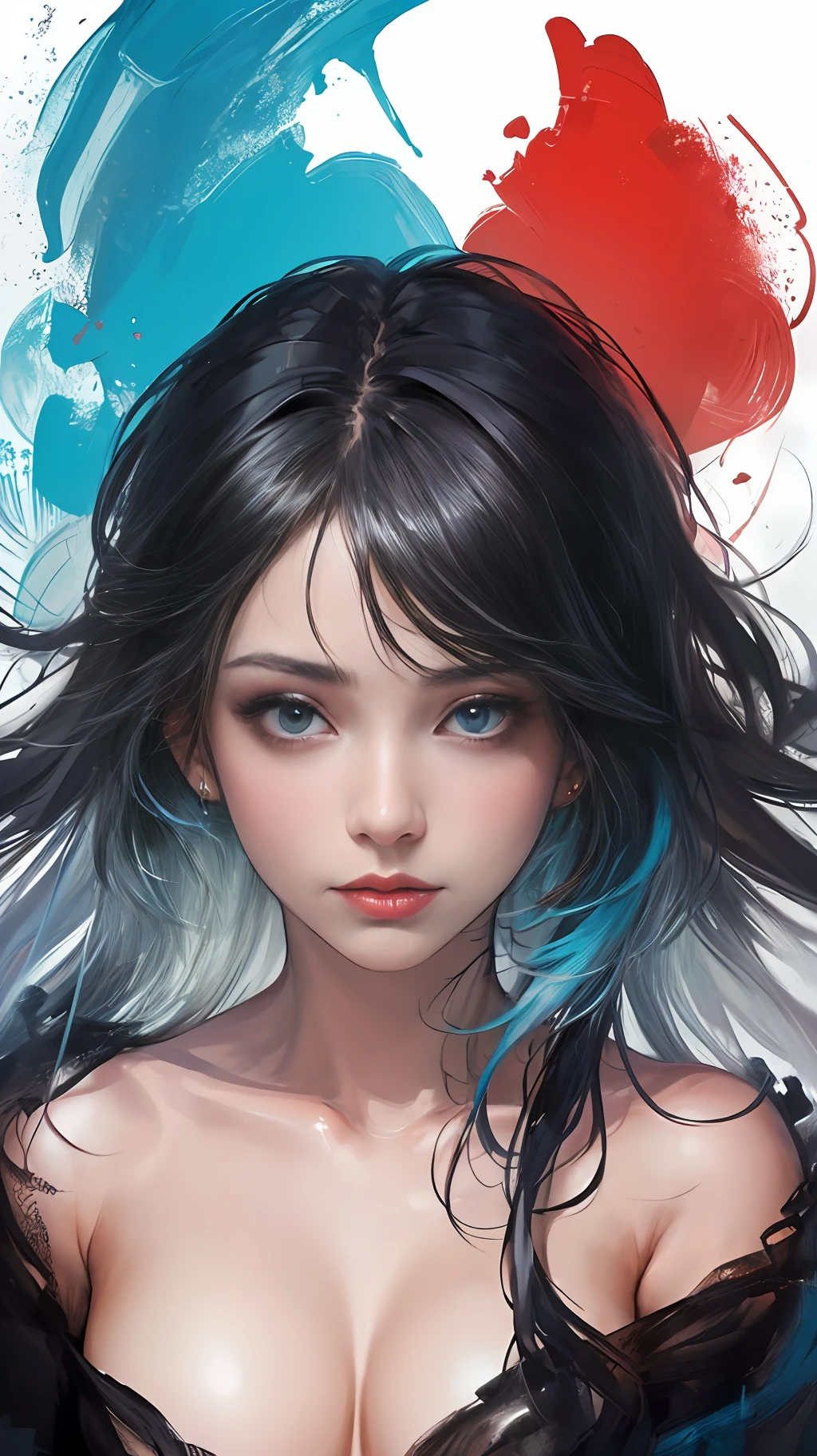 (Masterpiece, Top quality, Best quality, offcial art, Beautiful and aesthetic:1.2), Splash Art, (abstracted:1.35), 1girll, Portrait, Half demon, Naked, Long hair, (Color: female, black, White, Blue, Red:1.25), Black background, (good contrast),Seven-doppelganger shot