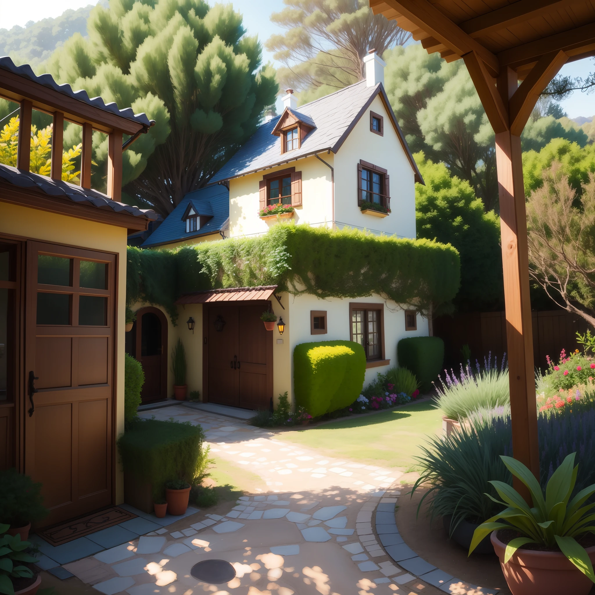 There is a big yellow house realistic as in fairy tales, casa bem iluminada flores no jardim casa linda com uma ampla vista
