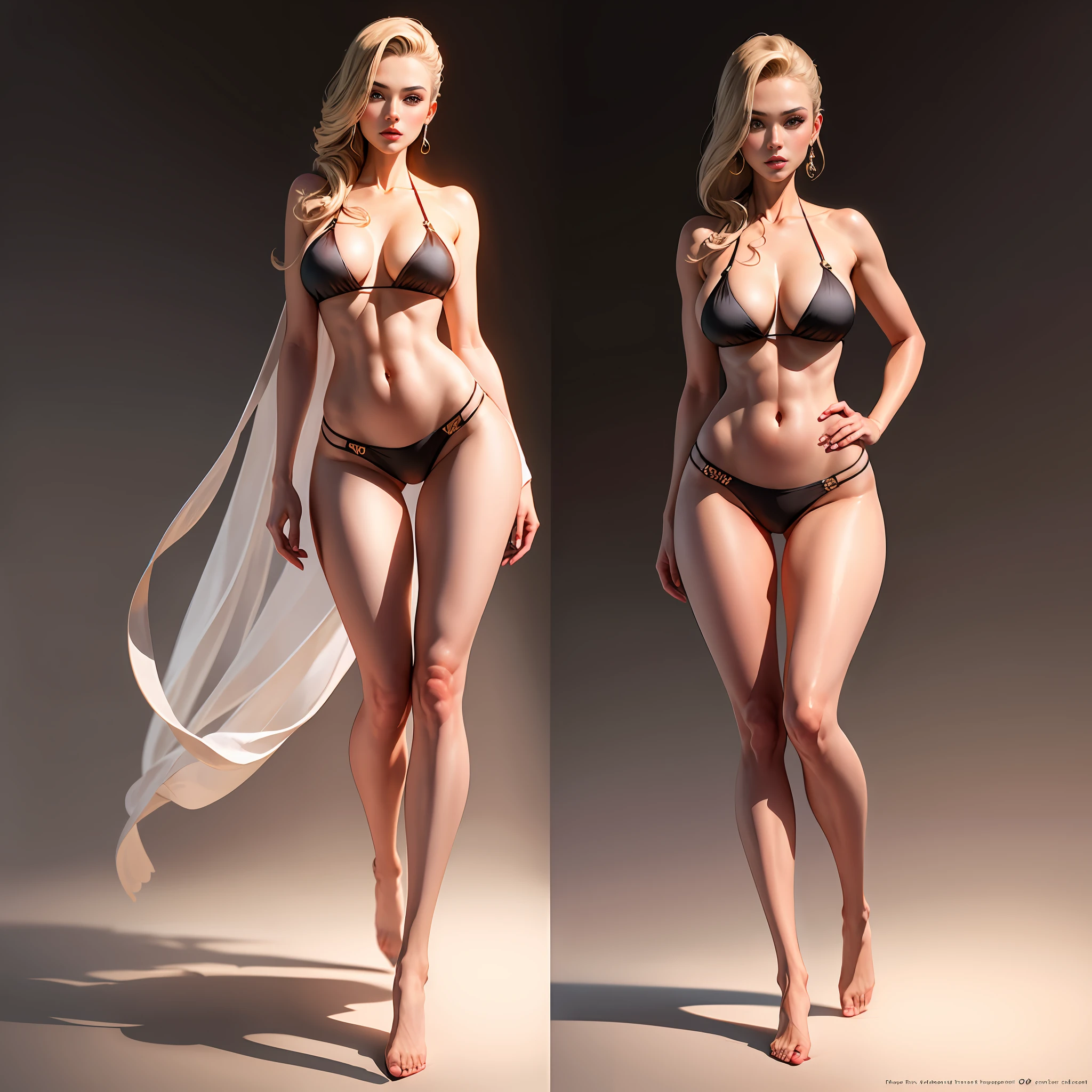 tmasterpiece,A beautiful female model,Superstar,Wearing a silk bikini,Stand on solid background,Natural posture for the whole body,full body detailing,Full-body art,detail in face,Detailed body part details,8k wallpaper,super model,Sexy art,film art,Perfect art