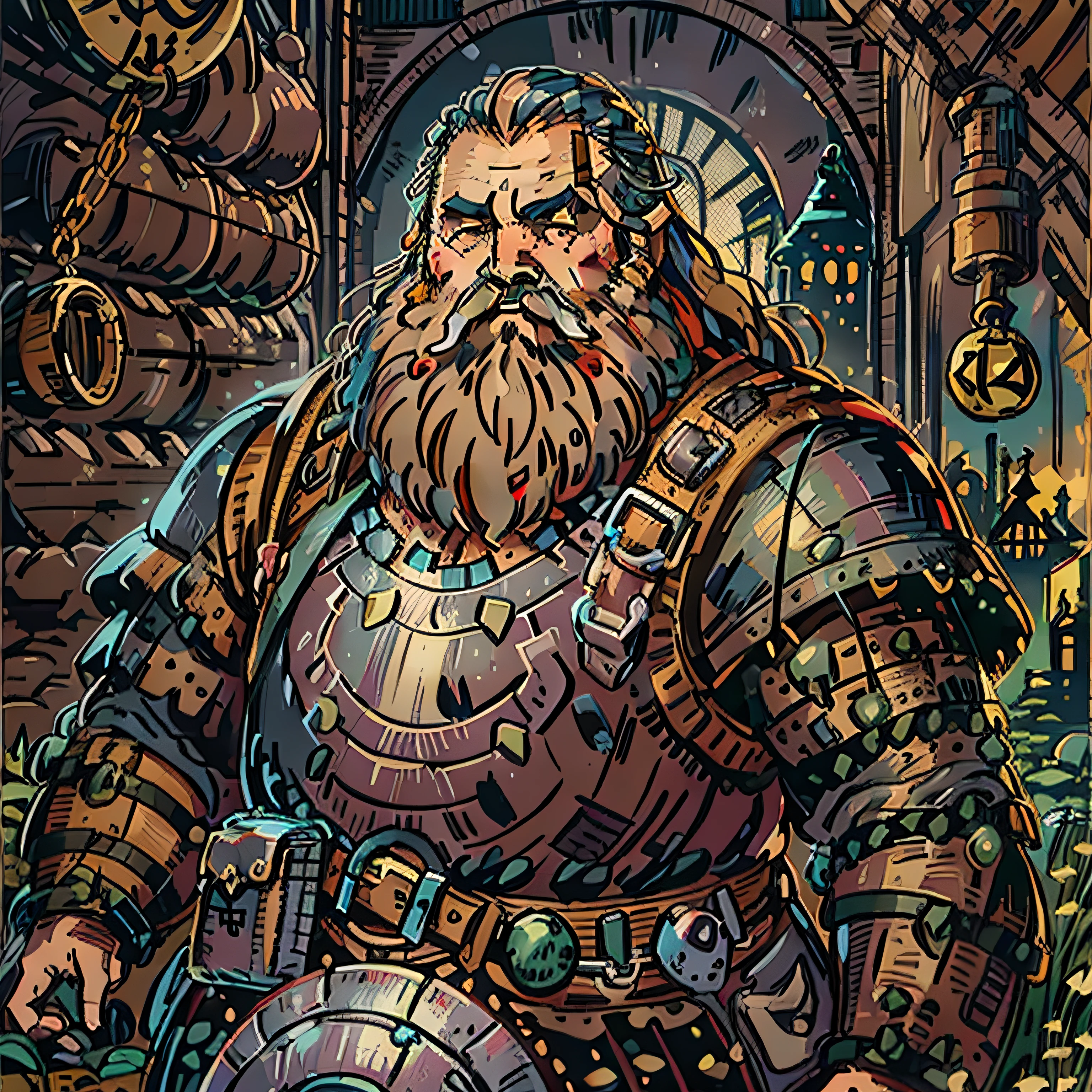 A portly dwarf with long, grizzled hair and beard, wearing a chainmail armor, with a mine in the background, RPG character portrait, medieval fantasy, miner.