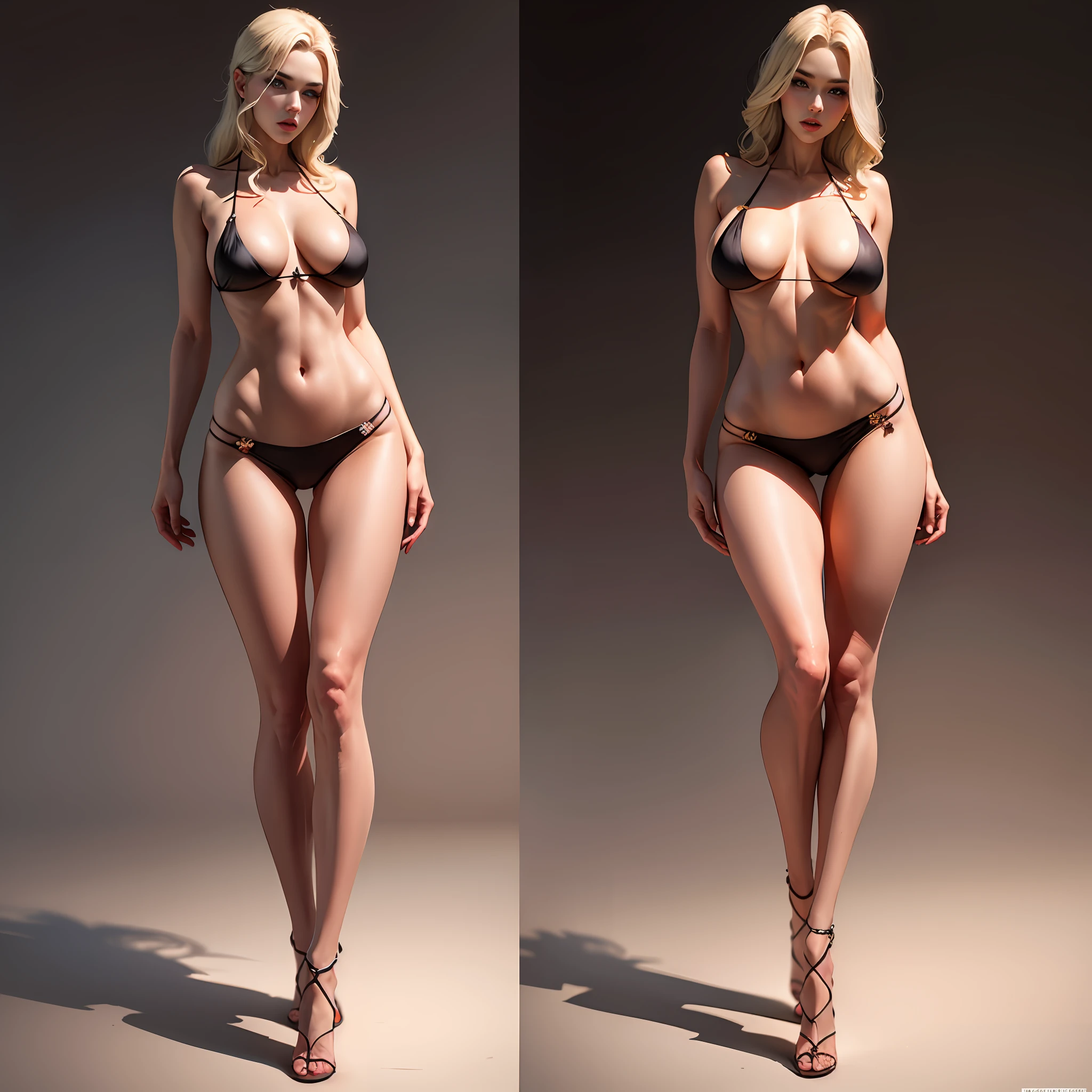 tmasterpiece,A beautiful female model,Superstar,Wearing a silk bikini,Stand on solid background,Natural posture for the whole body,full body detailing,Full-body art,detail in face,Detailed body part details,8k wallpaper,super model,Sexy art,film art,Perfect art