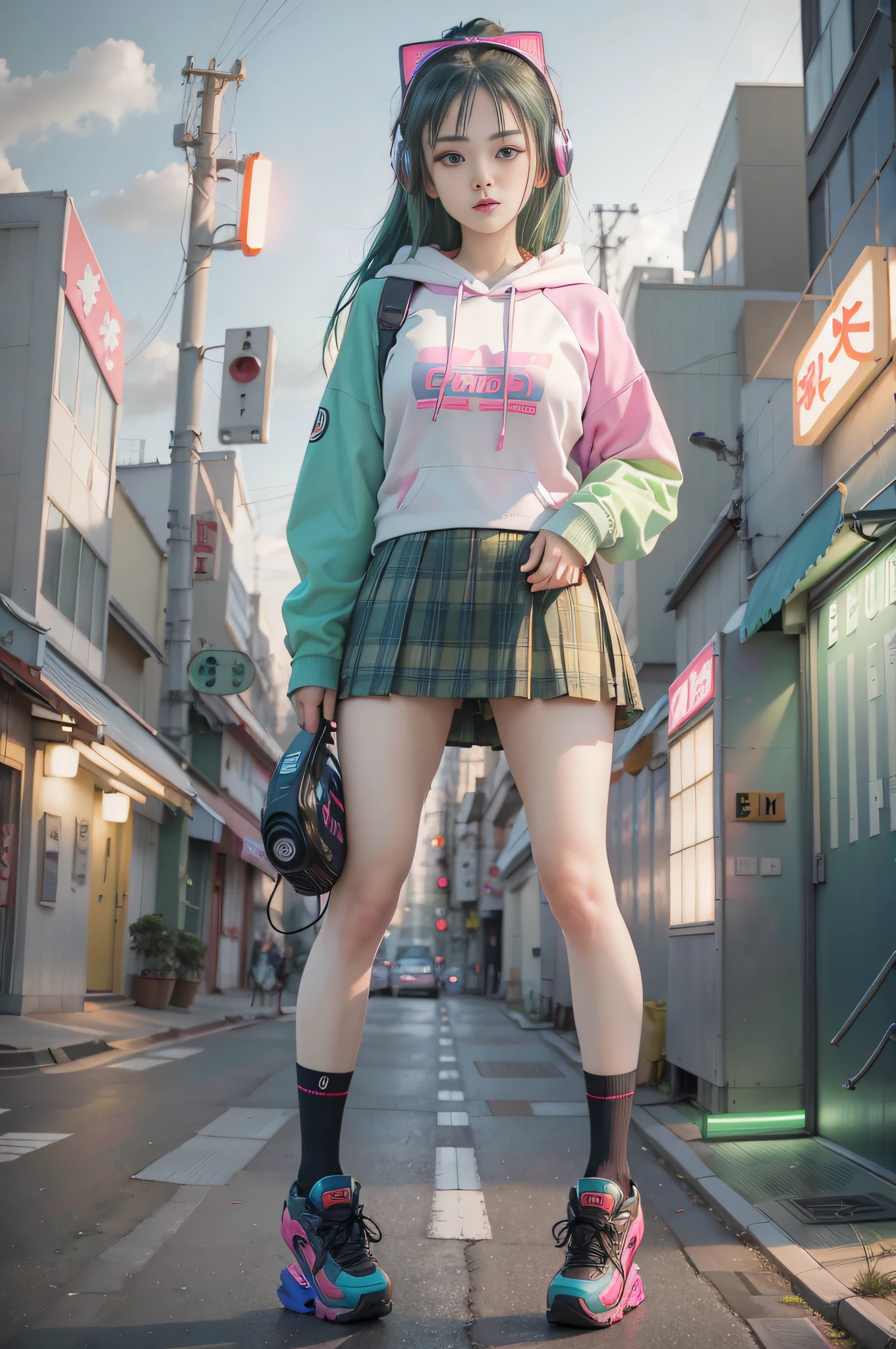 Extreme low angle, full body (8k, RAW photo, highest quality, masterpiece), High detail RAW color photo professional close-up photo, (realism, photo realism:1.4), (highest quality), (best shadow), (best illustration),surreal face, blue eyes, girl long neon green hair, wearing short hoodie head set, long Tartan plaid Skirt, tight high socks, hiding a hoverboard, tokyo night, neon, neon pink, neon blue, neon lime green,
