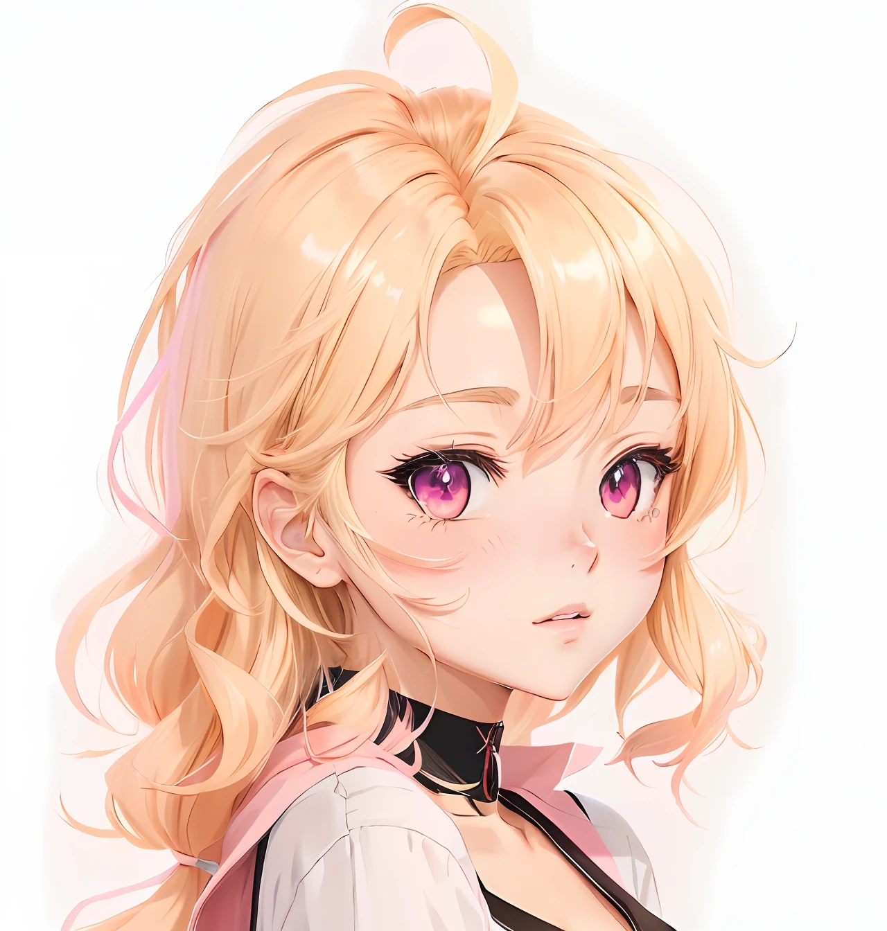 What is the anime girl with blonde hair and pink eyes looking at, flat anime style shading, clean anime outlines, in an anime style, Anime style portrait, Cute natural anime face, line art in colour, Detailed anime soft face, anime shading), clean and meticulous anime style, cute anime face, In anime style, line art in colour, subtle anime style, colored sketch, pretty anime face