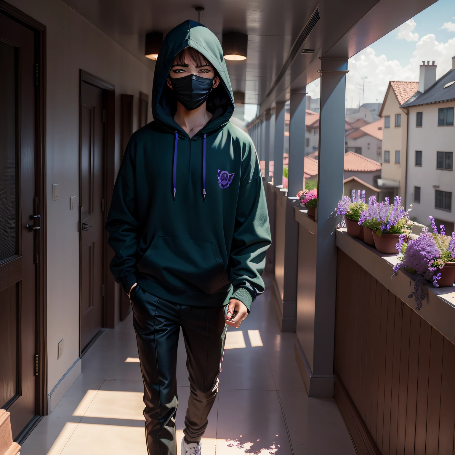 teen boy walking out of the house into an outdoor hallway, balcony, lavender flowers, bright, vibrant, flowers, 1 male, teenager, Hoody, black mask, Panoramic, anime, green, blue, ((high quality)), ((High detail))