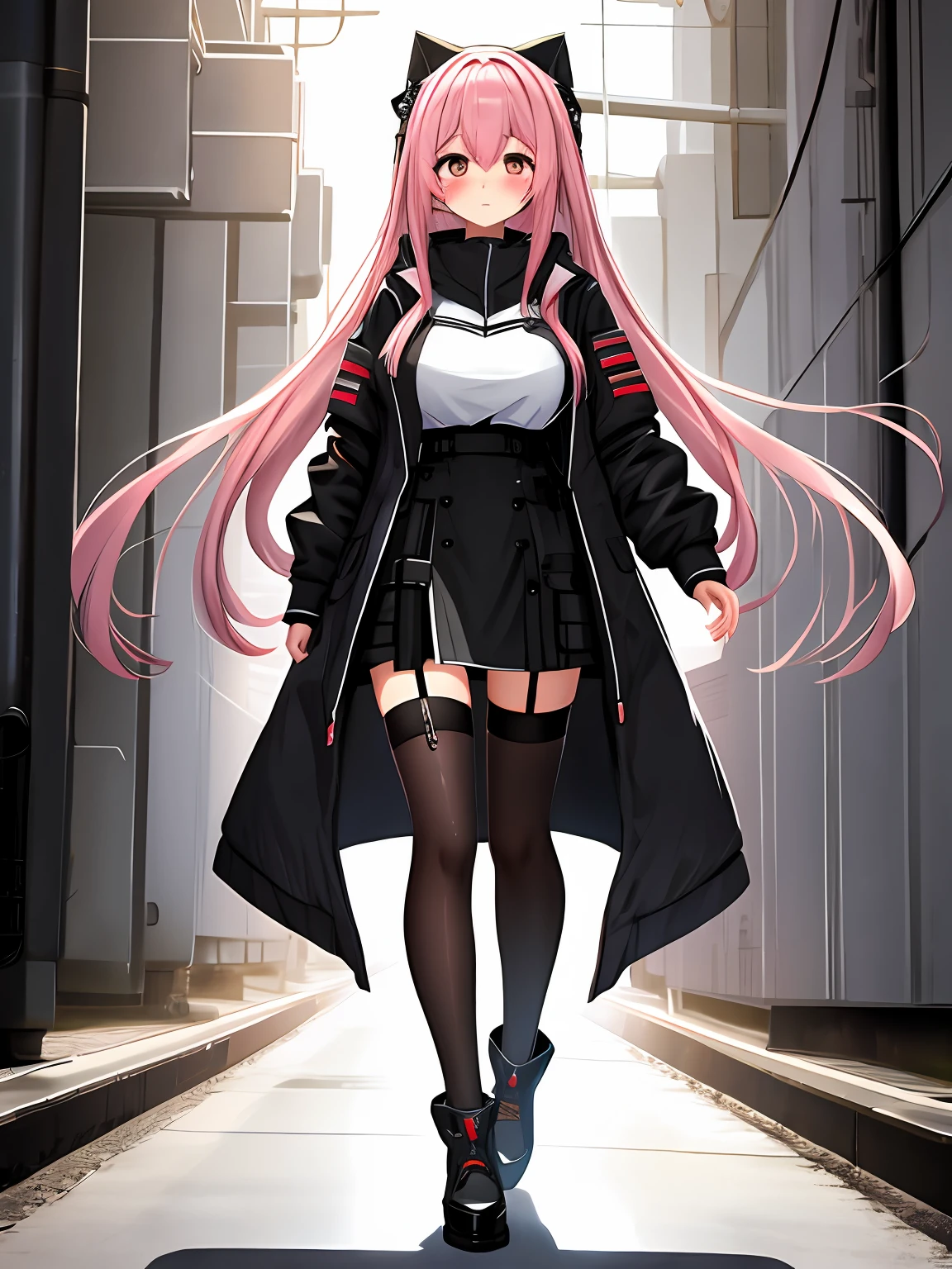 Pretty girl half-human, half-machine,Cute looking,Wear black stockings on the legs,large tities,big assa,Blushing,standing full-body