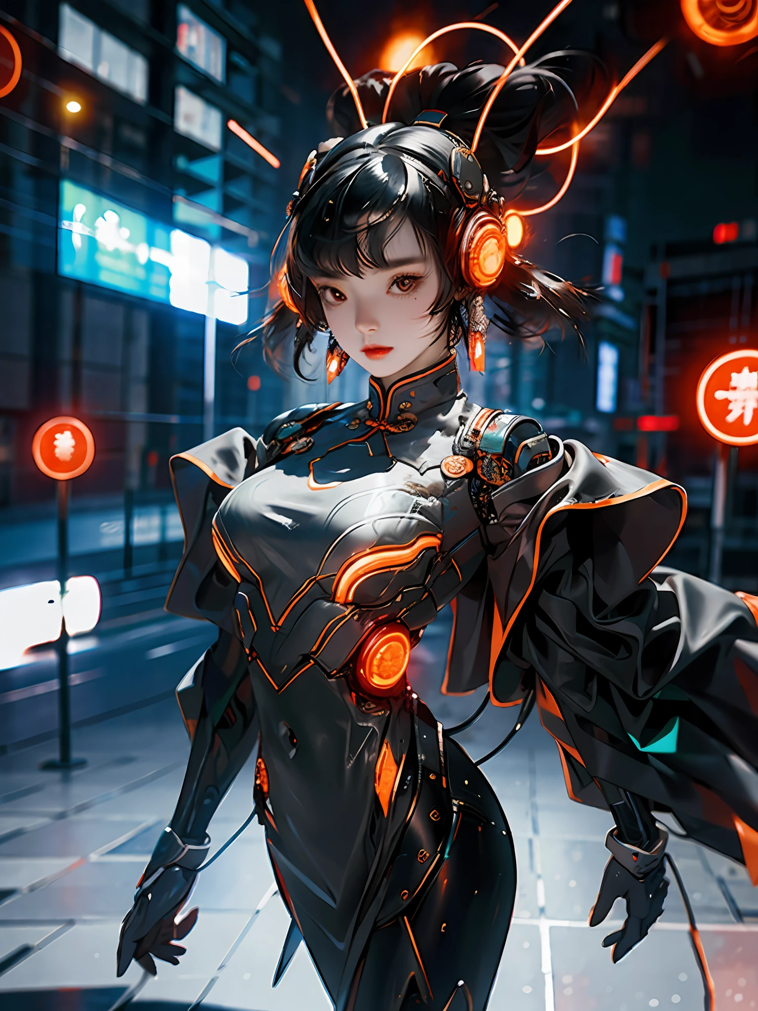 1 girl, Chinese_clothes, metallic black titanium and orange, cyberhan, cheongsam, cyberpunk city, dynamic pose, detailed luminous headphones, glowing hair accessories, long hair, luminous earrings, glowing necklace, cyberpunk, high-tech city, full of mechanical and futuristic elements, futurism, technology, glowing neon, orange, orange light, fluorescent orange, skirt, cape, coat, laser, digital background, urban sky, big moon, with vehicle, best quality, masterpiece, 8K, Character edge light, super high detail, high quality, the most beautiful woman in human beings, slight smile, face facing front left and right symmetry, ear decoration, beautiful pupils, light effects, visual data, pick and dye orange, dye hair, super detail facial texture, happy and proud, weapon system, mecha style, crowded street passers-by, full body in camera, infinite zoom, super light and shadow, various poses, long hair flowing, glowing boots