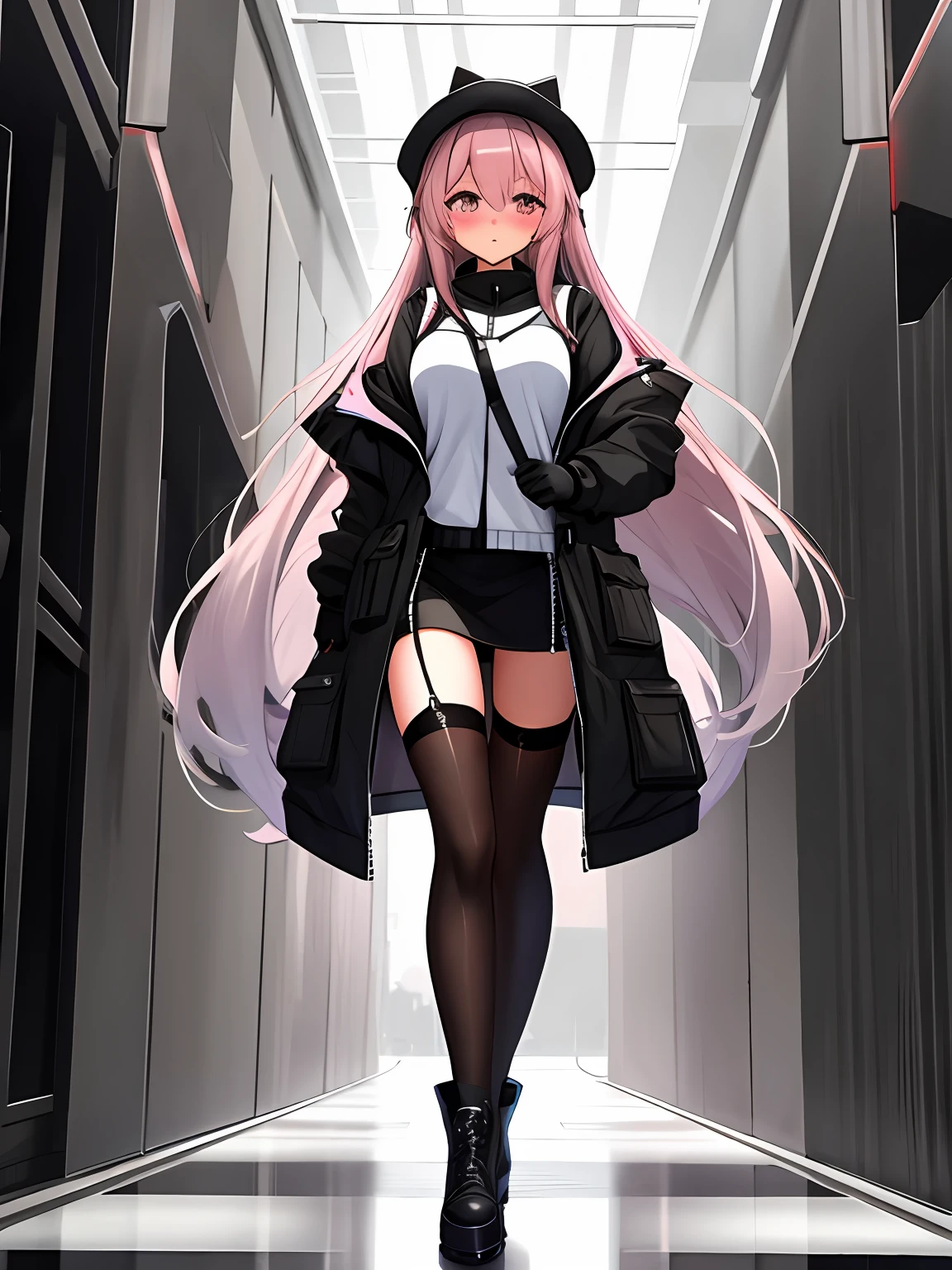 Pretty girl half-human, half-machine,Cute looking,Wear black stockings on the legs,large tities,big assa,Blushing,standing full-body