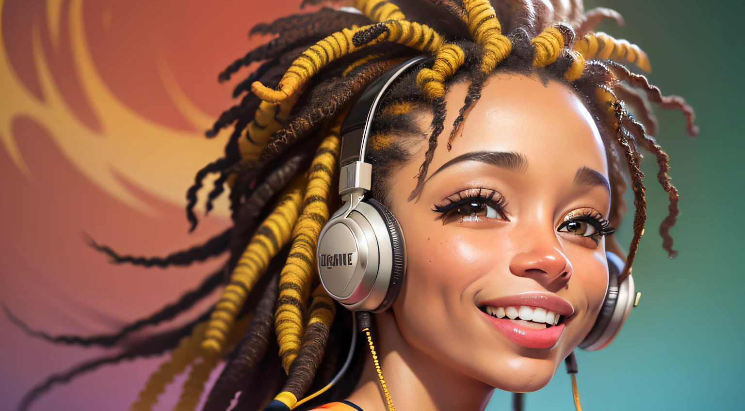 ((unique reggae style background)), (garota jamaicana sorrindo ouvindo som no headphone e de jaqueta branca), (Reggae), (abstrato), (luzes), (cores amarelo vermelho verde branco preto), (ultra realista)