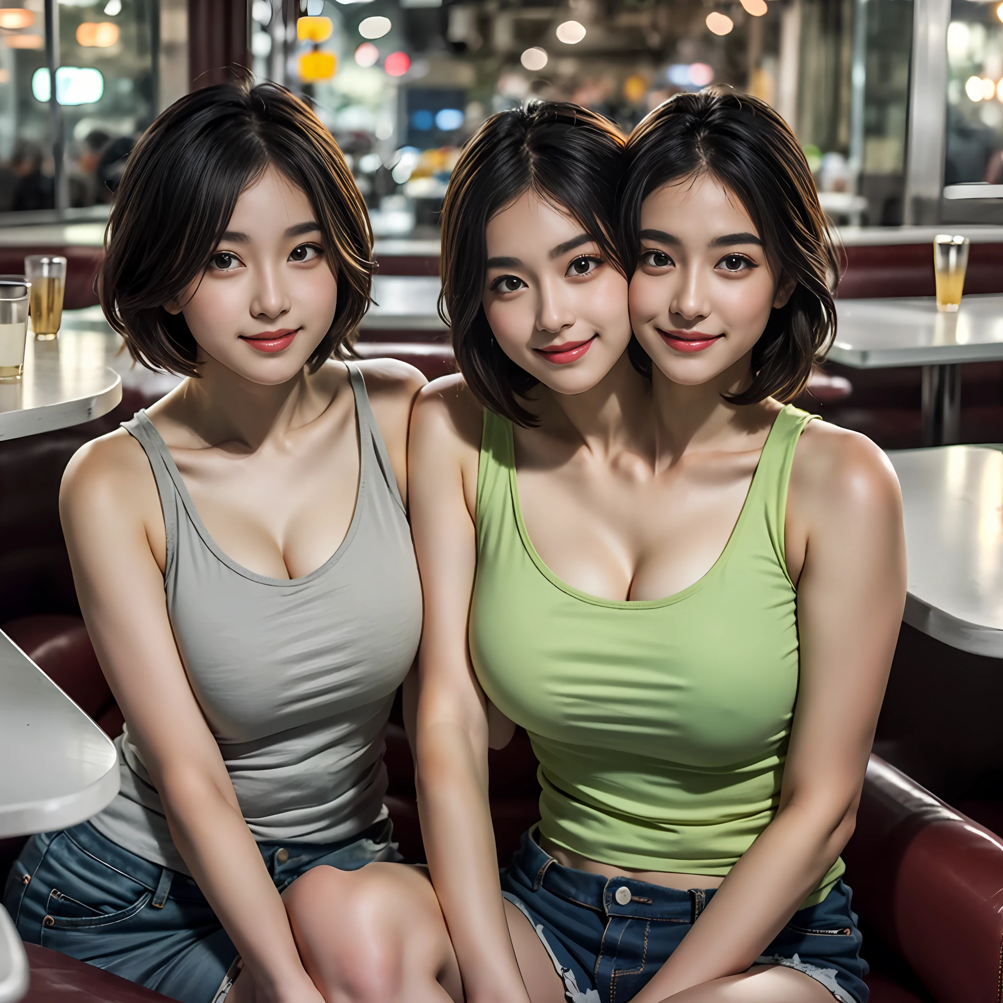best quality, (2heads:1.5) girl with two heads , black hair,blonde hair, different hair colors, different hairstyles,thick eyebrows, different eye colors, tanktop, shorts, (closeup), sitting across from viewer at a diner,looking at viewer