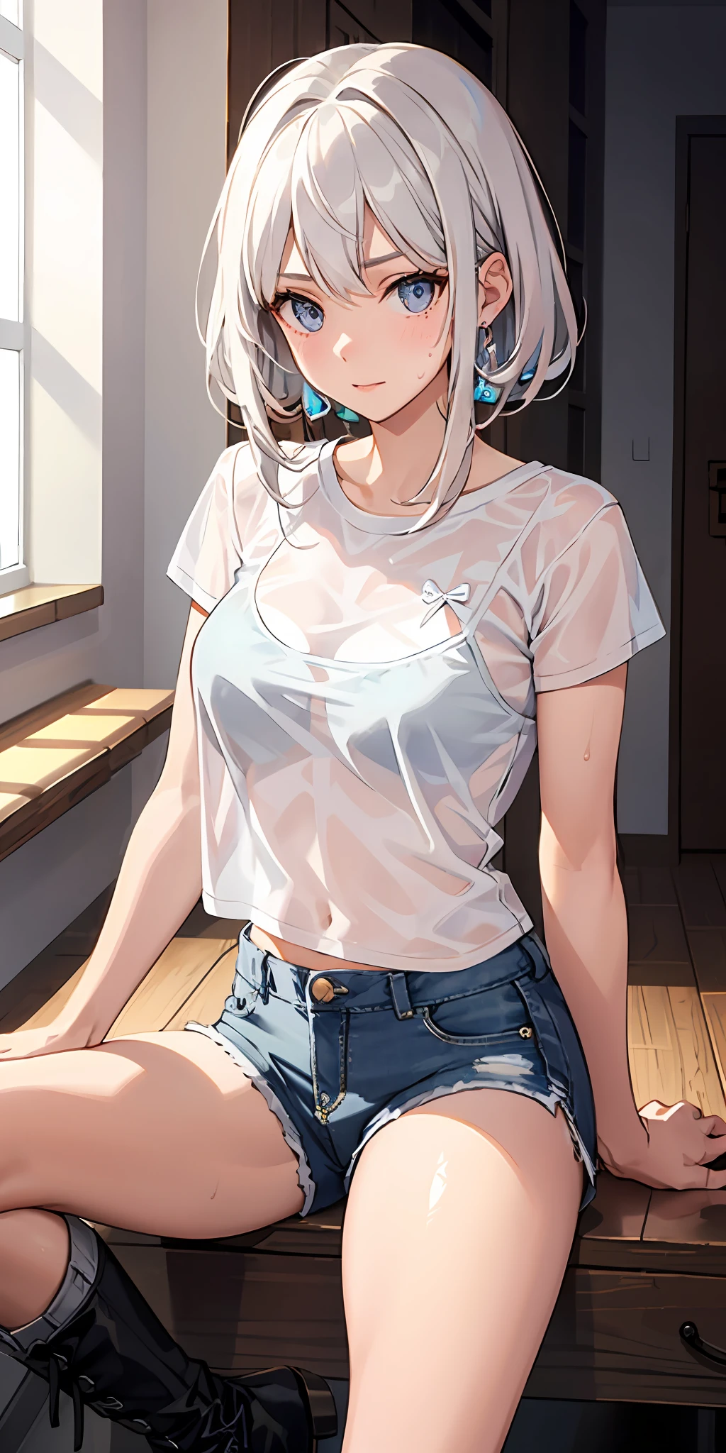 1girl, Cabelos brancos curtos, olhos castanhos, brinco de prata, sweating, see-through white t-shirt, sobretudo castanho, mini unbuttoned denim shorts, panties showing, boots