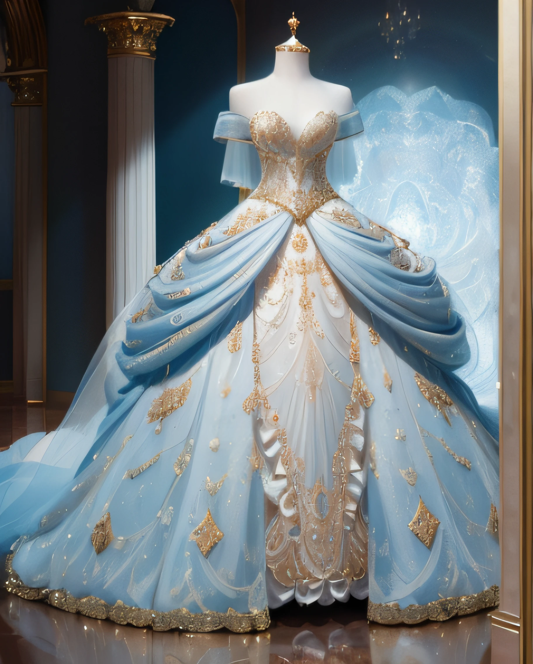 a hyper realistic photograph of a girl standing wearing a majestic light beige and gold ball gown dress, big beautiful dress, intricate puffy ball gown with lots of ruffles and rhinestones (Best quality, masterpiece, ArtStation, Fantasy Art:1.2), a palace room, a beautiful cute girl, (long white hair:1.1), (intricate short gold skirt, bare legs:1.2, full body shot)