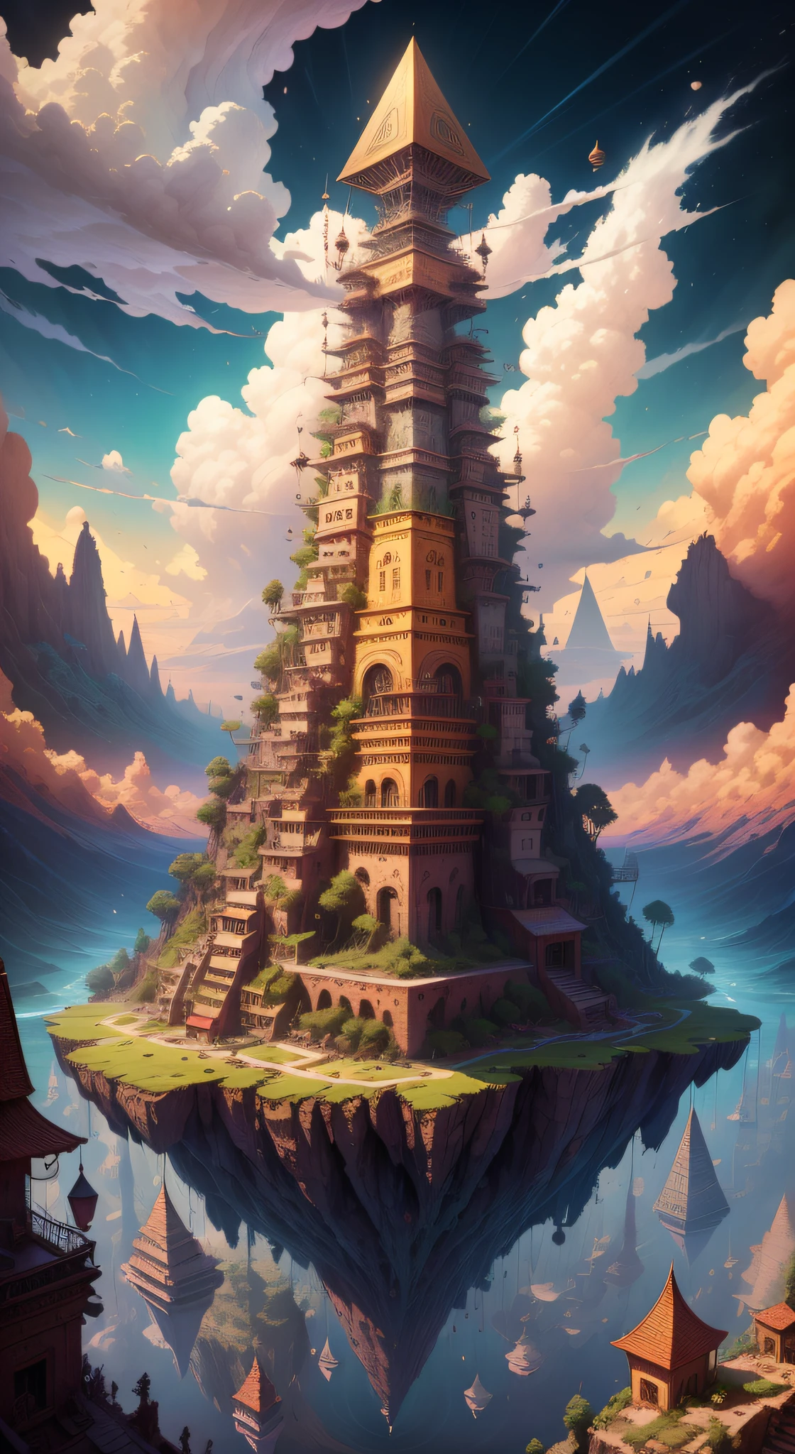 {{{masterpiece}}}, {{{high-quality}}}, {{{8K wallpaper}}}, {{{Aerial view of a mega city reminiscent of ancient egypt at sunset}}}, {{{giant mechanical pyramid}}}, {{{golden energy ball over the pyramid}}, {{{star reactor}}},{{{ancient egypt}}}, {{{pyramids}}}, {{{many pyramids}}}, {{{pyramids in the sky}}}, {{{pyramids in the background}}}, {{{pillars}}}, {{{clear green rivers}}}, {{{tree}}}, {{{water falling}}} ,{{{captivating descent}}}, {{{camera view from above}}}, {{{breathtaking scenery}}}, {{{vivid landscapes}}}, {{{mesmerizing views}}}, {{{captivating beauty}}}, {{{enchanting panorama}}}, {{{startling colors }}}, {{{transcendent experience}}}, {{{unreal journey}}}, {{{surreal surroundings}}}, {{{captivating landscapes}}}, {{{mind-blowing views}}} , {{{stunning imagery}}}, {{{dreamlike perspective}}}, {{{captivating enchantment}}}, {{{spectacular freefall}}}, Fantasy art Style, Best Quality, Ultra Detailed, landscape, {{{oasis}}}, {{{paradise city}}}, {{{lush jungle}}}, {{golden hour}}} , breathtaking, (best quality), (high resolution), (sharp focus), (ultra detailed) , (extremely detailed), (extremely high quality artwork), 8k_wallpaper, (extremely detailed CG 8k),(very fine 8K CG), ((hyper super ultra detailed perfect piece)), flawless, (((masterpiece))), illustration, (dynamic lighting), dynamic light, sunshine, sun rays, god rays, cinematic light, (cinematic shadow), (textile shading) , (cinematic shadow), vivid colors,,StackedCityAI,