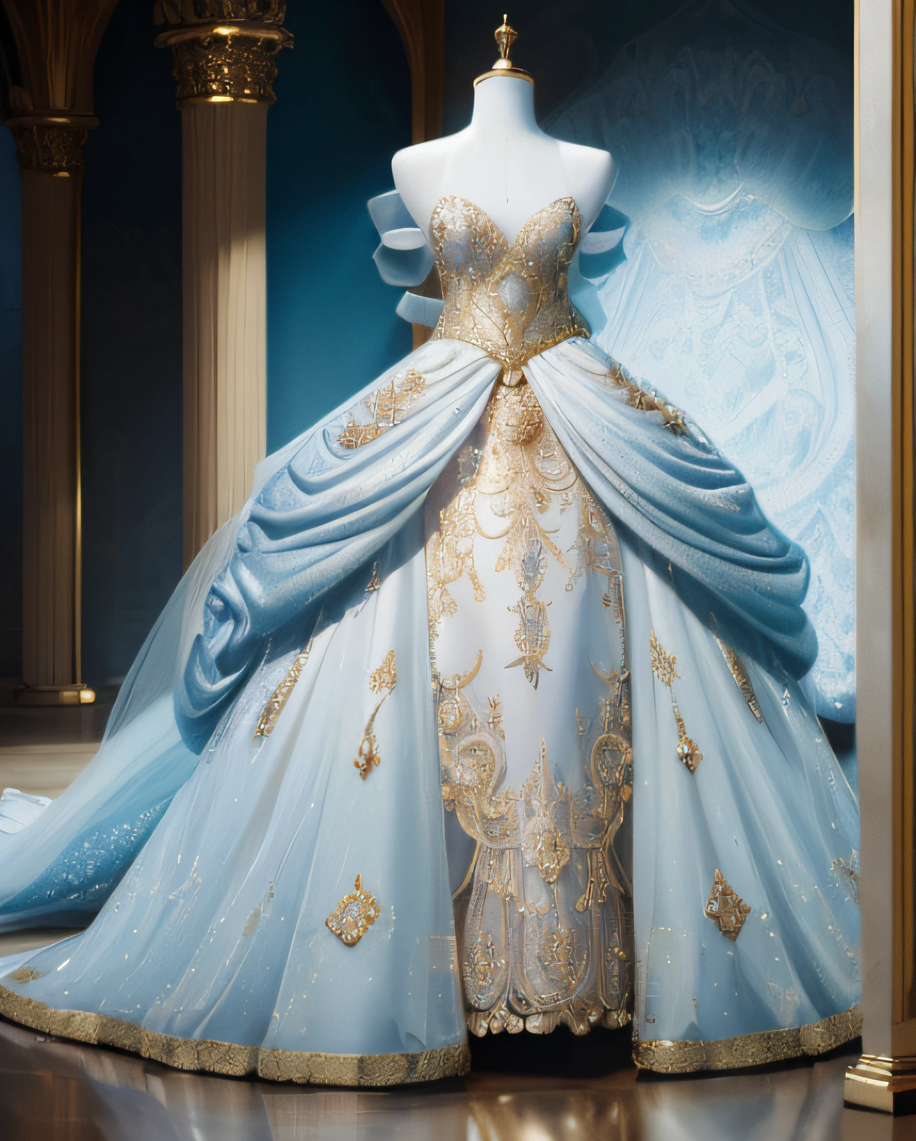 a hyper realistic photograph of a girl standing wearing a majestic light beige and gold ball gown dress, big beautiful dress, intricate puffy ball gown with lots of ruffles and rhinestones (Best quality, masterpiece, ArtStation, Fantasy Art:1.2), a palace room, a beautiful cute girl, (long white hair:1.1), (intricate short gold skirt, bare legs:1.2, full body shot)