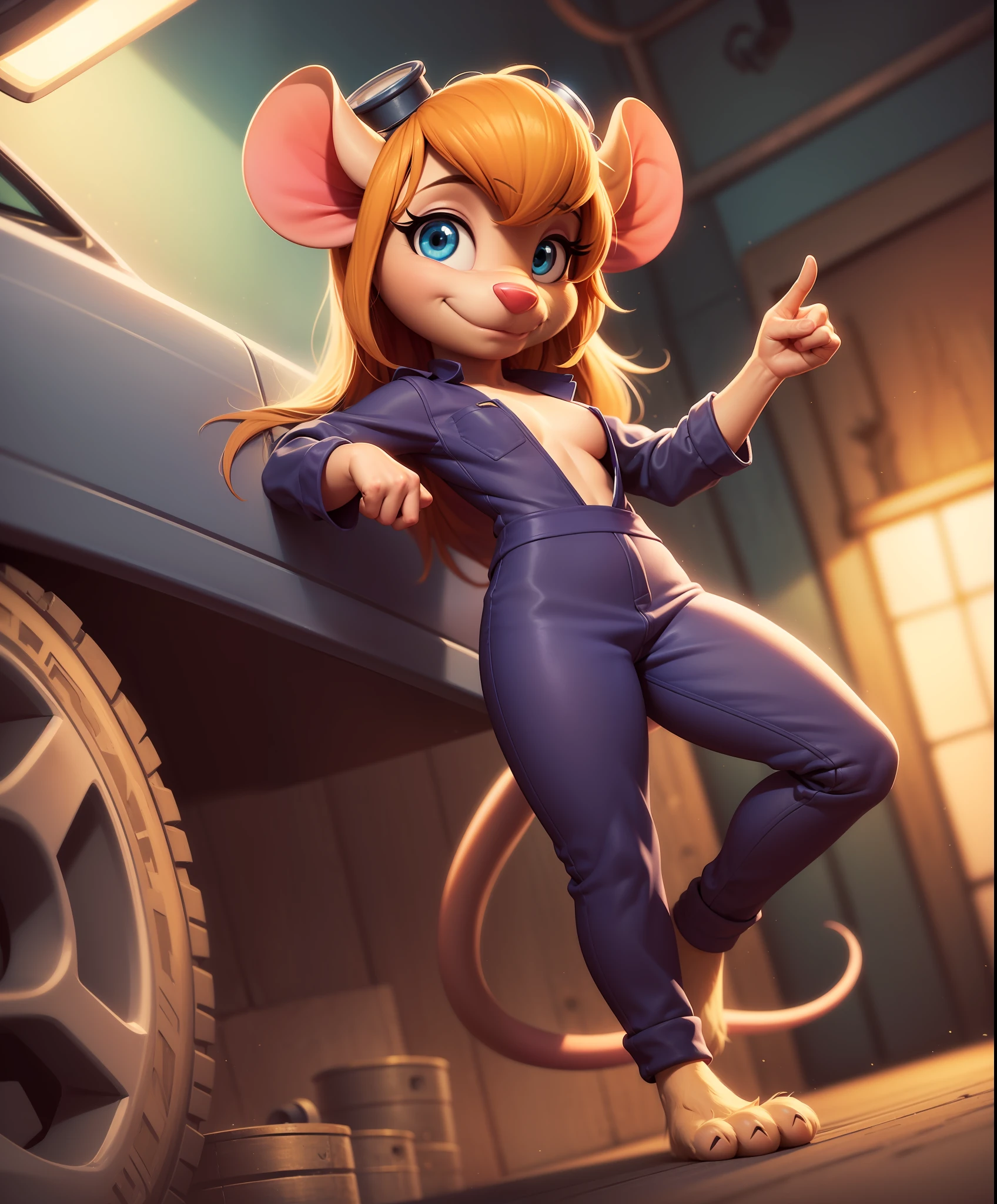 gadgethackwrench, mouse girl, furry anthro, goggles, purple jumpsuit, solo, low angle view, (body fur:1.3), mouse tail, (best quality:1.1), pose, looking at viewer, (mechanic workshop background:1.2), partially clothed, soft lighting, (detailed fluffy fur),  smile, barefoot, pointing,