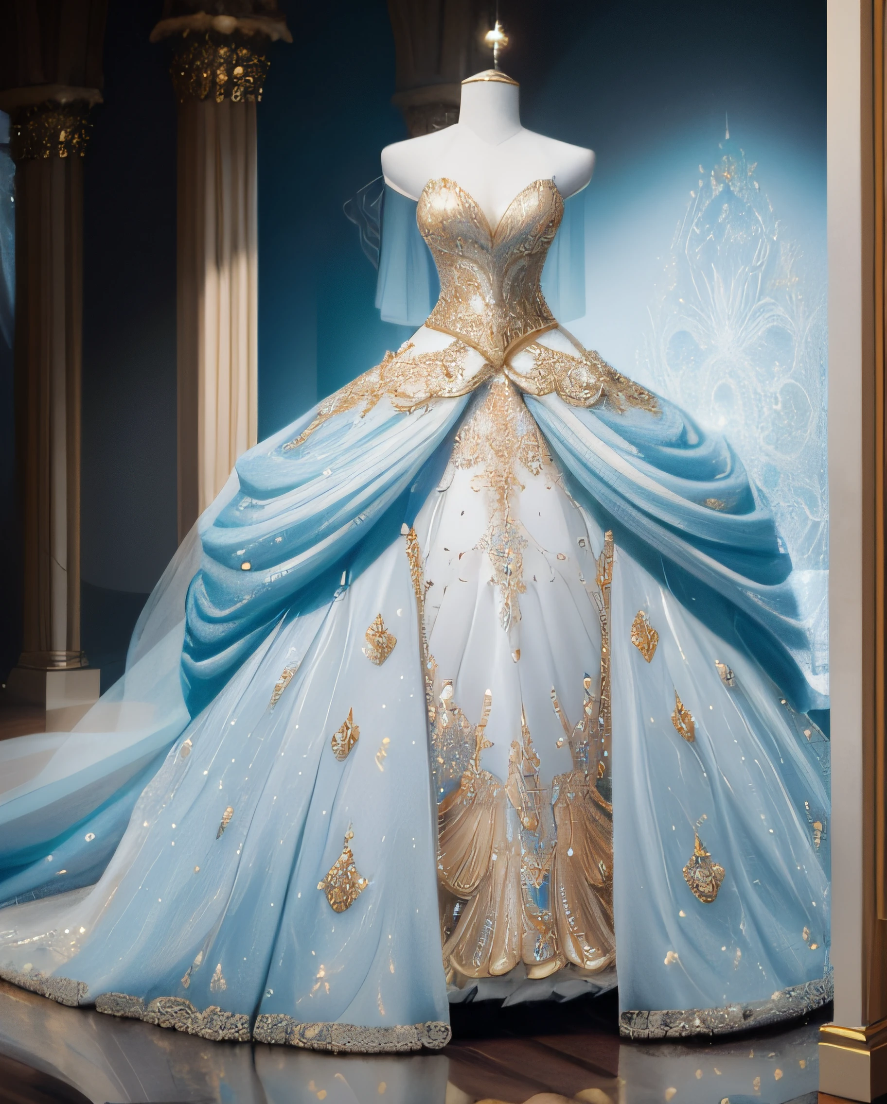 a hyper realistic photograph of a girl standing wearing a majestic light beige and gold ball gown dress, big beautiful dress, intricate puffy ball gown with lots of ruffles and rhinestones (Best quality, masterpiece, ArtStation, Fantasy Art:1.2), a palace room, a beautiful cute girl, (long white hair:1.1), (intricate short gold skirt, bare legs:1.2, full body shot)