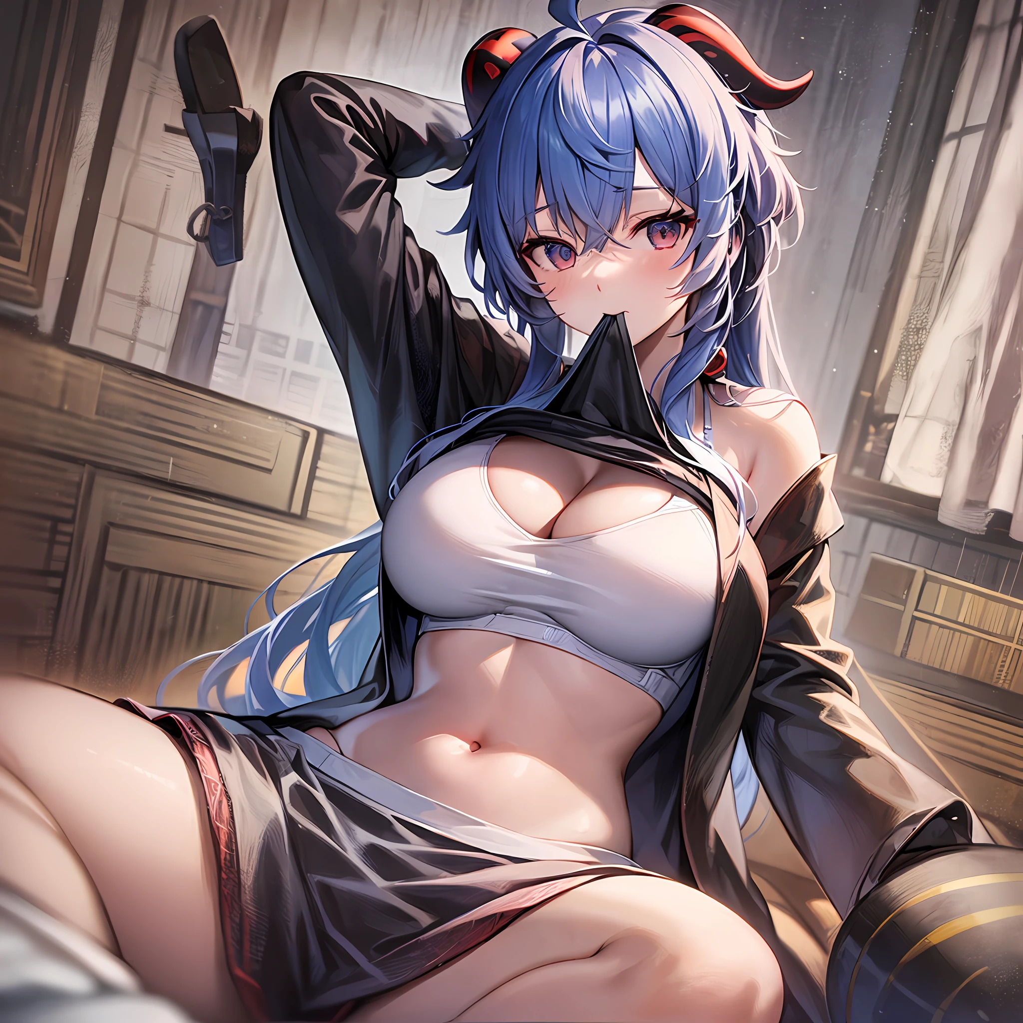 1Ganyu, large breasts,clothes in mouth, cleavage, navel, t-shirt, ((bra)),clothes lift, shirt in mouth, skirt, lying, full Body,sexy body,sitting, back hand