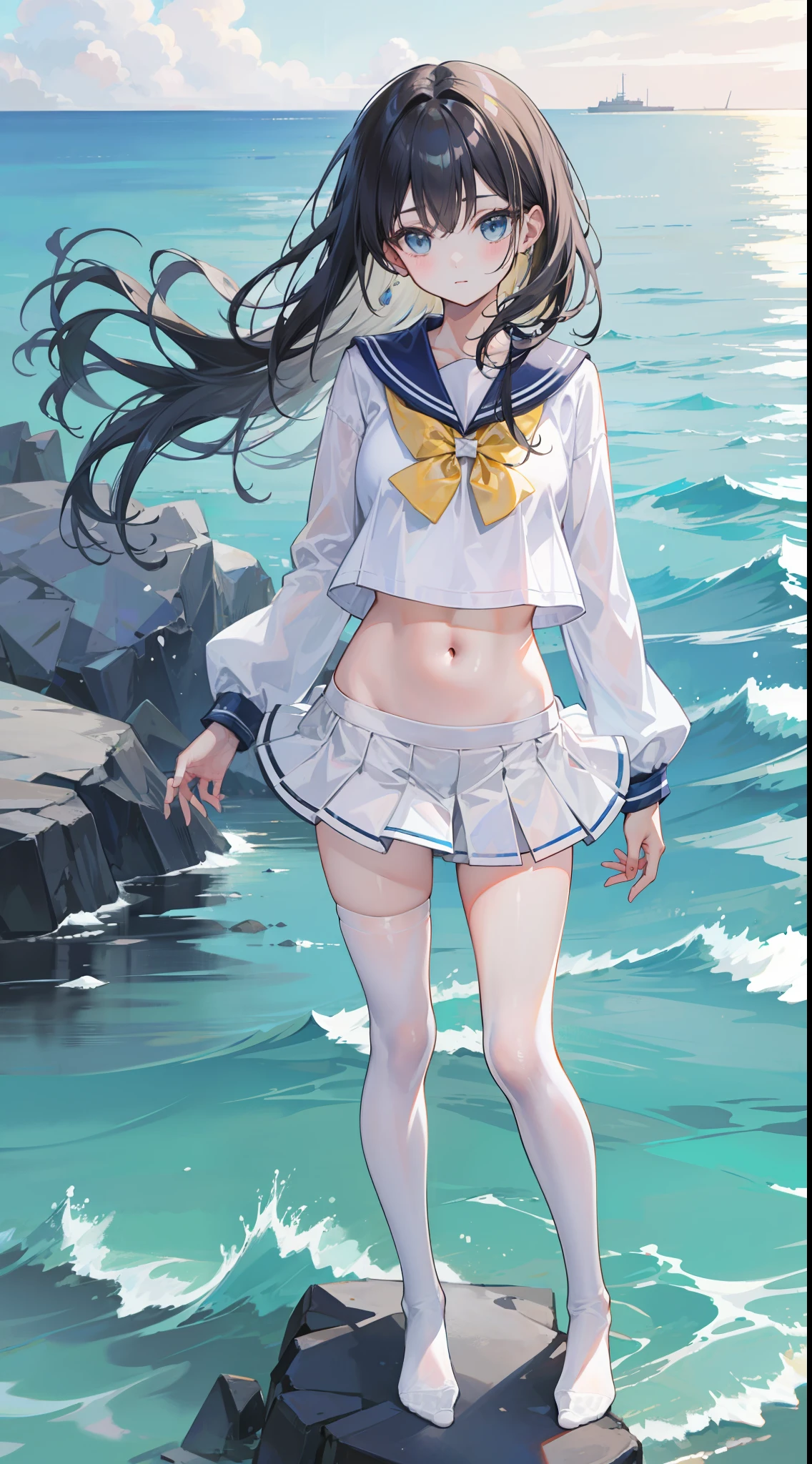 Masterpiece((tmasterpiece)),(White color blouse),((Black JK miniskirt)),(White transparent stockings),adolable,is shy,(Long yellow)Hair,red bowtie,long leges,(Have by the sea),(Facing the sea),Open navel,No shoes on,(standing on your feet),(a sailor suit)