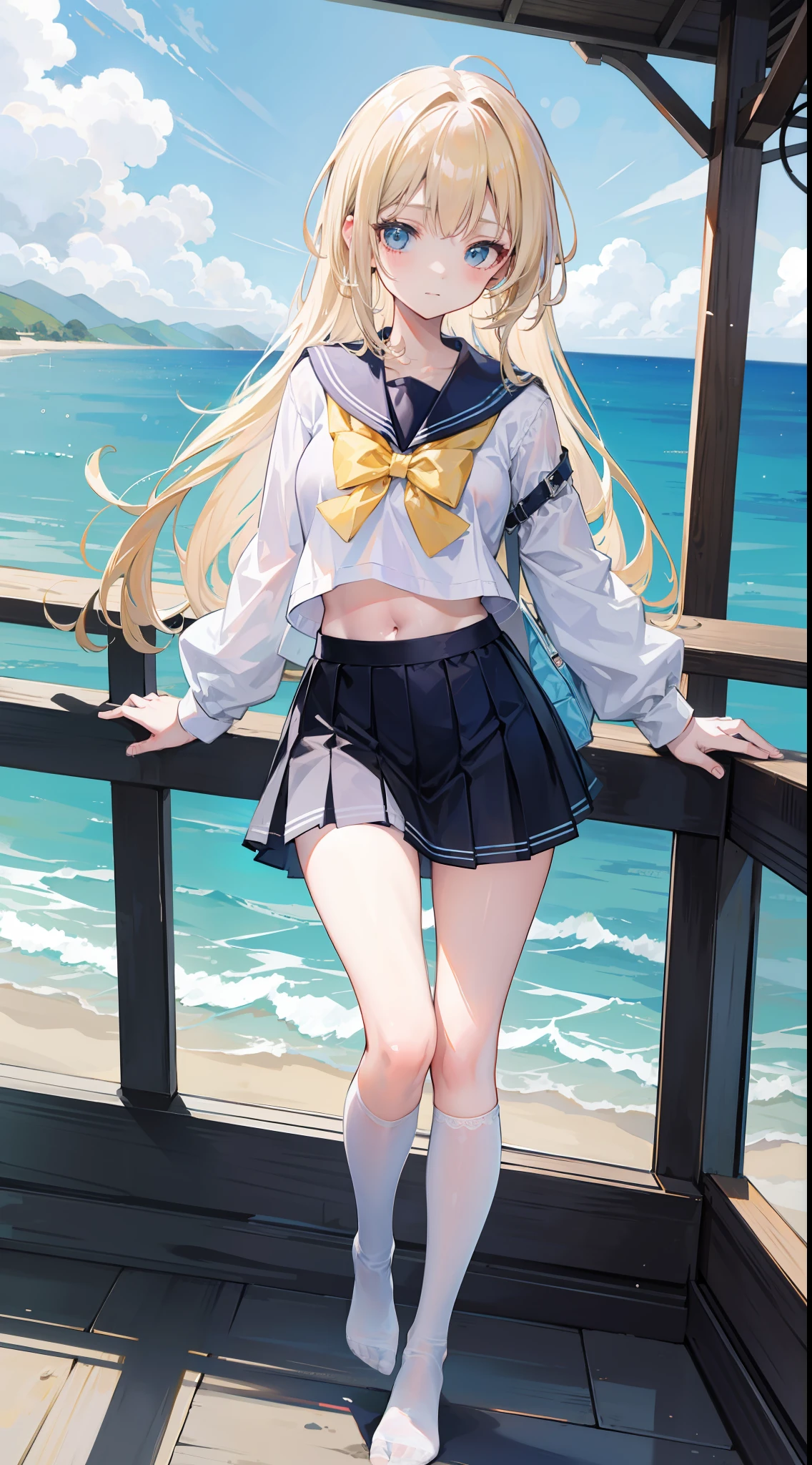 Masterpiece（（tmasterpiece）），（White color blouse），（（Black JK miniskirt）），（White transparent stockings），adolable，is shy，（Long yellow）Hair，red bowtie，long leges，（Have by the sea），（Facing the sea），Open navel，No shoes on，（standing on your feet），（a sailor suit）