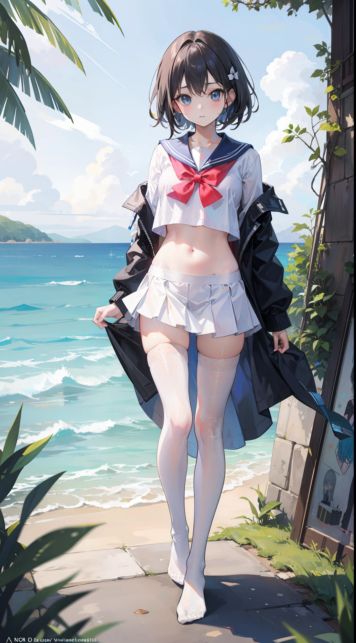 Masterpiece（（tmasterpiece）），（White color blouse），（（Black JK miniskirt）），（White transparent stockings），adolable，is shy，（Long yellow）Hair，red bowtie，long leges，（Have by the sea），（Facing the sea），Open navel，No shoes on，（standing on your feet），（a sailor suit）