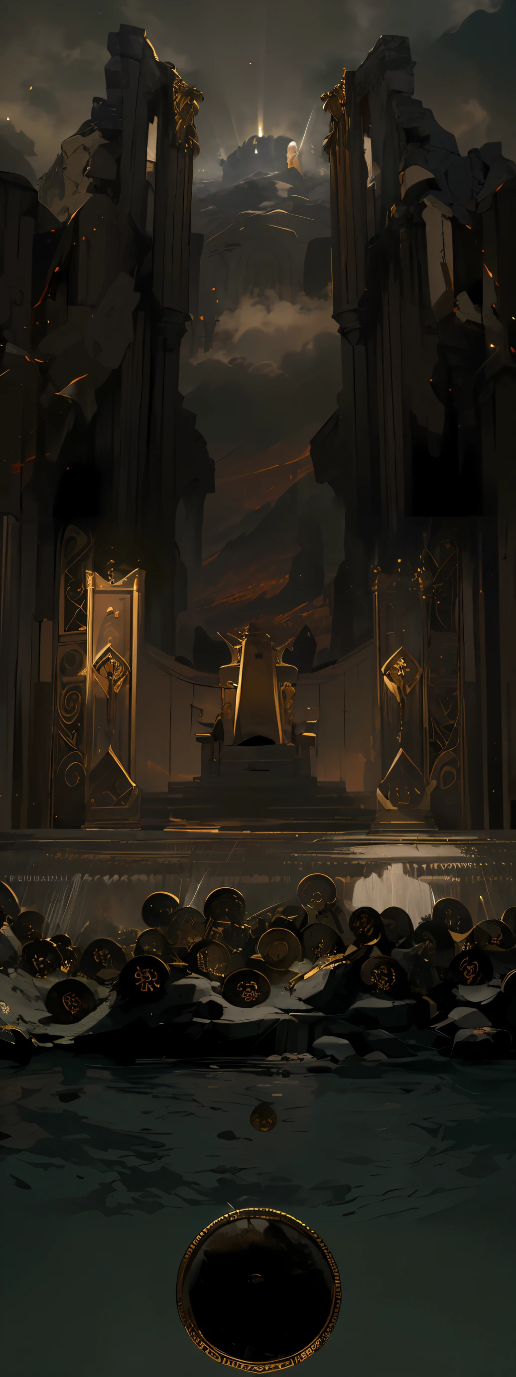 Absurdo, Alto, ultra detalhados, (nenhum humano:1.3), Improve the pilasters of the castle put details in silver and gold Break Make a large throne of stone and epic gold in the center of the image (Trono de Espadas). Make a strong divine light from the sky to the top of the castle. throw used swords and shields on the ground