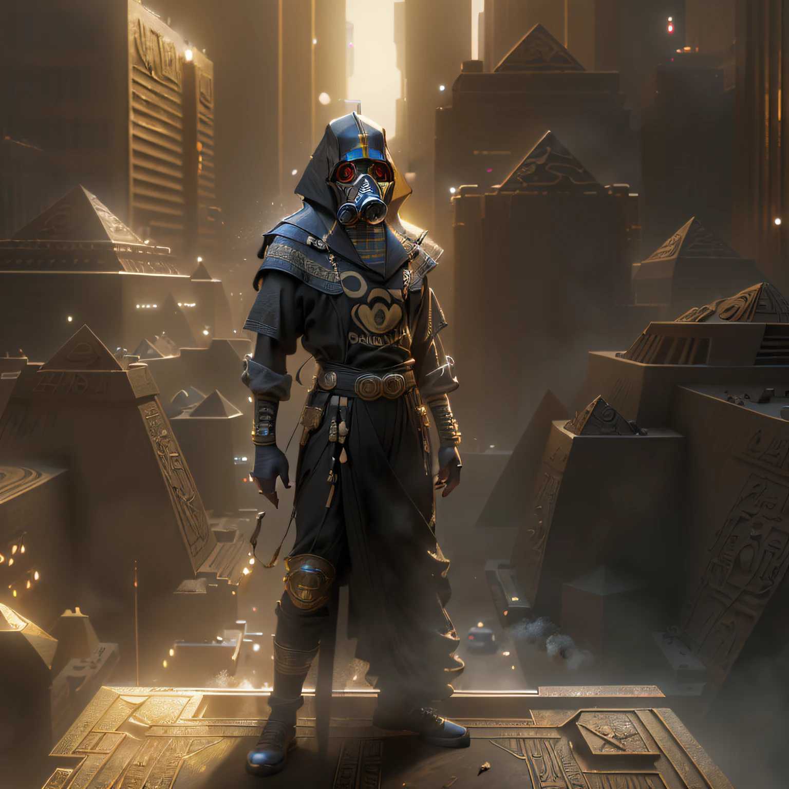 (High Detail: 1.2), (Best Quality: 1.1), (8K:1.0), (Luis Royo art style, full body illustration of a Pharaoh in silhouette::1.0, wearing a gas mask, wearing hip hop clothing hammers and diamonds apparel, dynamic pose, background cyberpunk city with pyramids, minimalistic, rtx, UHD, cell shading, 32k, ray tracing, well defined, comic, digital painting, cartoon, photorealistic, drawing, unreal engine, octane render, shaders, 4d, I can't believe how perfect this image is