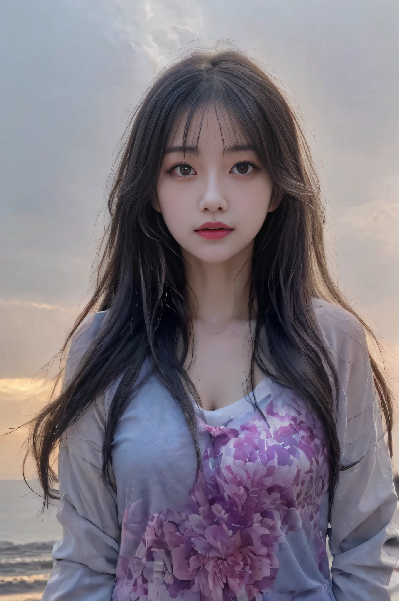 Colorful beautiful girl:A 28-year-old girl,messy hair,Very real photos,realistic perfect face,Soft skin perfect face,blue yellow colors,Light purple and violet color added,Light red color added,Complicated details,Splash screen,8K分辨率,tmasterpiece, cute face, Long bangs,horsetail,ArtStation digital painting is smooth and very black ink flow:8k resolution photorealistic masterpiece:intricately detailed fluid gouache painting:Written by Jean Baptiste Mongue:caligraphy:propylene:water color art,professional photoshooting,natural lightting,Volumetric lighting minimalist photographic illustration:Written by Marton Bobzert: ,复杂,ellegance,sprawling,dream magical,Wavy hair,with dynamism