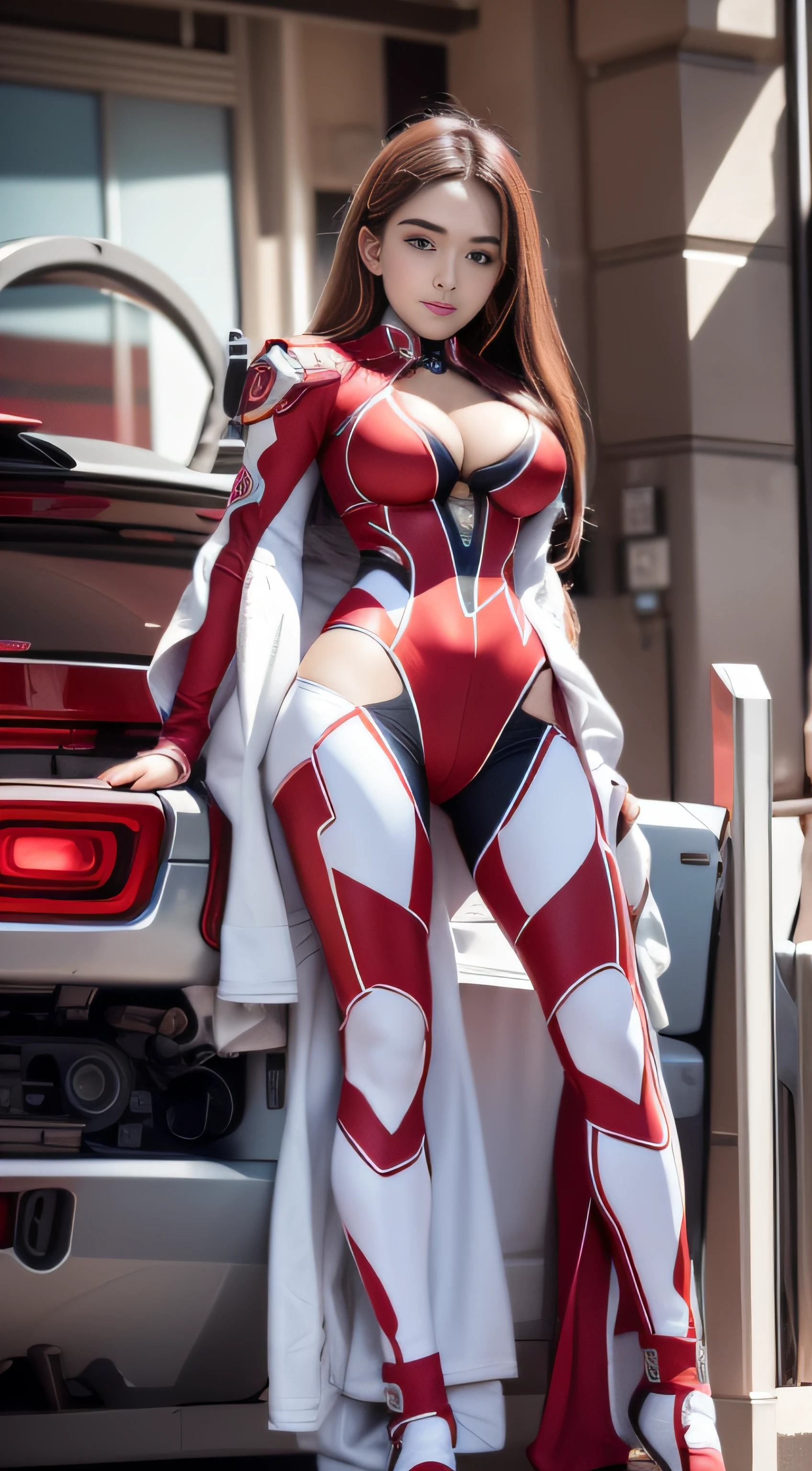 Highest image quality，Outstanding details，超高分辨率，（Fidelity：1.4），The best illustration，Favor the details，closeup cleavage，A mech girl，He has a delicate and beautiful face，（（Red and white semi-mechanical body：1.8）），Raised sexy，乳溝, frontage，onbed, cyber punk perssonage，Futuristic，mechanically aesthetic，Complex machinery，The background is a high-tech lighting scene in the future city，Virtual Engine 5，Perfect detail rendering，rendering by octane，hyper HD