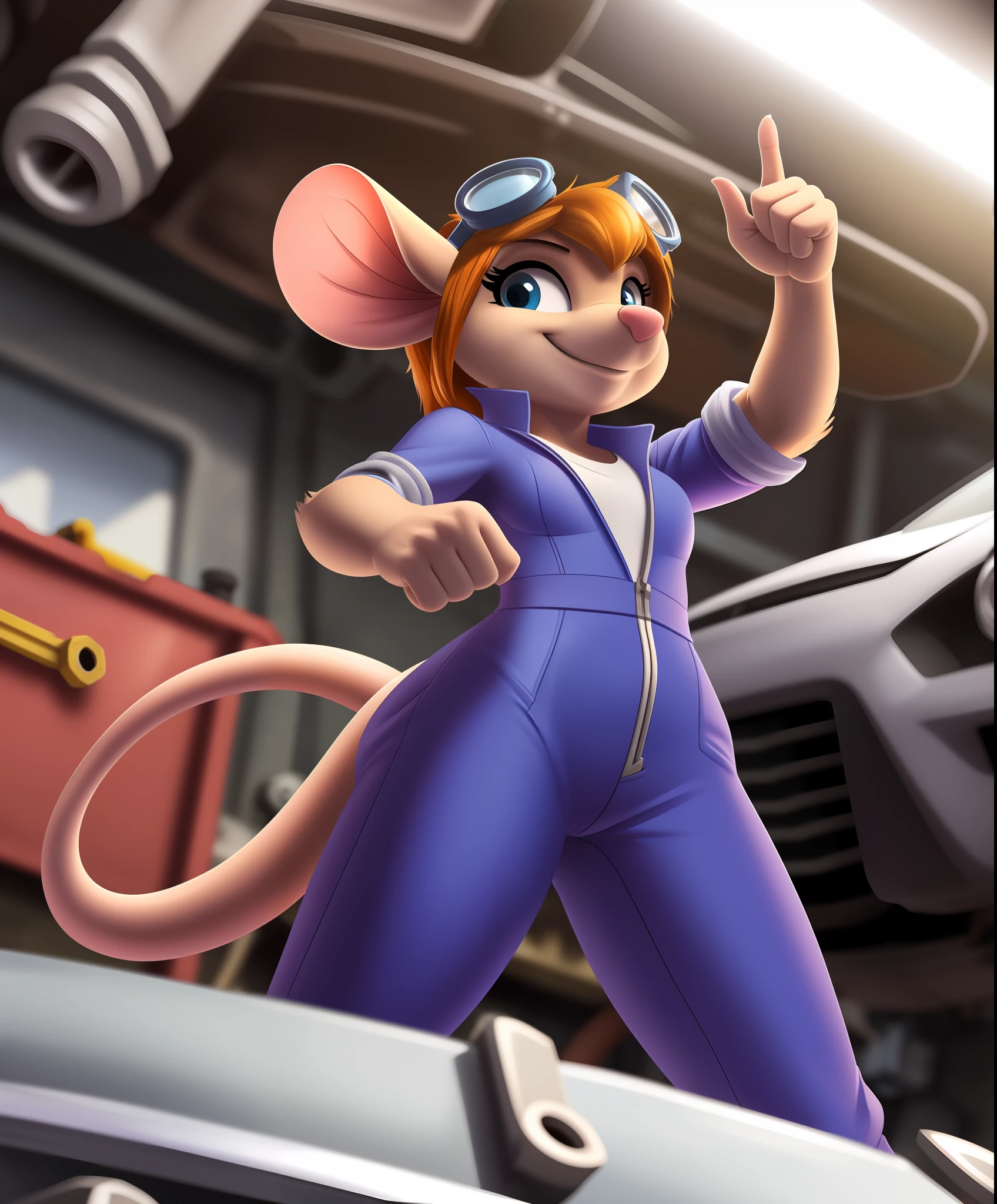 gadgethackwrench, mouse girl, furry anthro, goggles, purple jumpsuit, solo, low angle view, (body fur:1.3), mouse tail, (best quality:1.1), pose, looking at viewer, (mechanic workshop background:1.2), partially clothed, soft lighting, (detailed fluffy fur),  smile, barefoot, pointing,