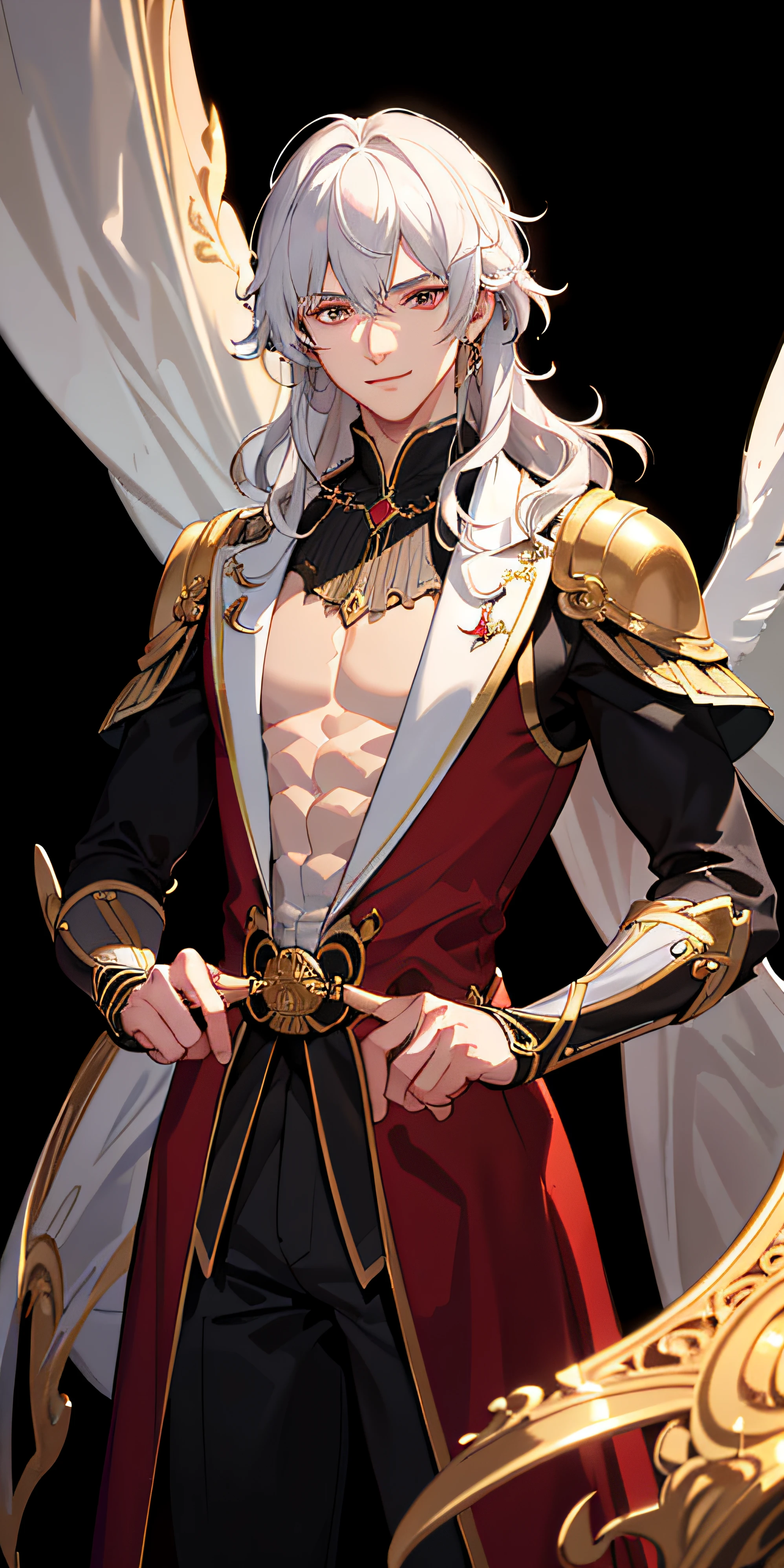 (extremely detailed CG unity 8k wallpaper, masterpiece, best quality),(best illumination, high contrast, and best shadow), a confident and charming, thin and muscular male with a striking appearance, curly white hair, red eyes, and a captivating smile, exuding the confidence of a bard with an inexplicable yet intriguing charm.
