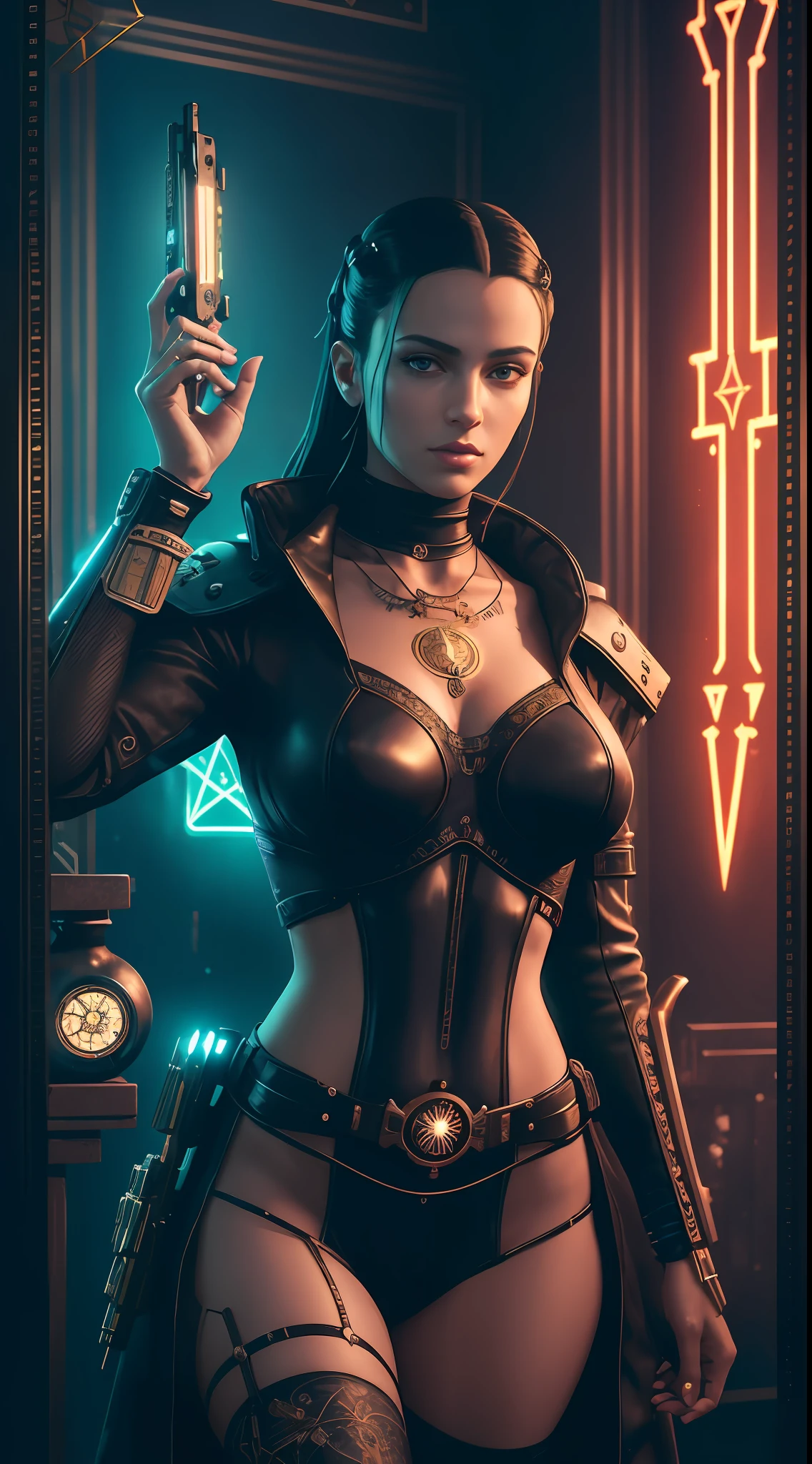 (((Tarot card))), Tarot card frame made of cyberpunk clocks, Portrait of a woman holding a gun, very detailed, clocks, lazers, cyberpunk equipment, ((in a frame)), surrounded by cyberpunk clocks, (((black skin))), science fiction, cyberpunk, In the Style of Cyberpunk 2077, masterpiece, best quality, CG, wallpaper, HDR, high quality, high-definition, extremely detailed, (detailed light), {{intricate detail}}, {highres}, neon light, chiaroscuro, anime style, key visual, intricate detail, highly detailed, breathtaking, vibrant, cinematic, 3DMM