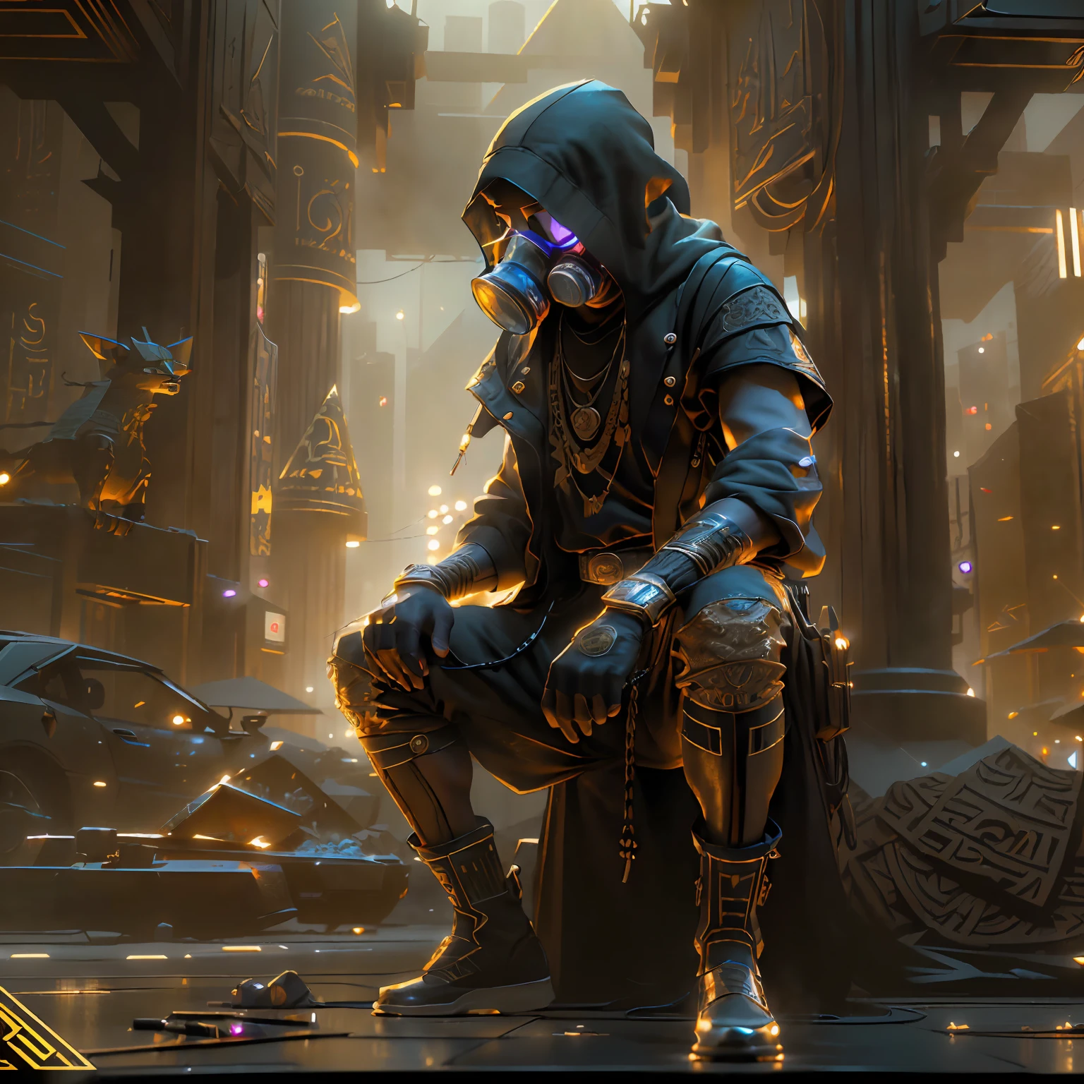 (High Detail: 1.2), (Best Quality: 1.1), (8K:1.0), (Luis Royo art style, full body illustration of a Pharaoh in silhouette::1.0, wearing a gas mask, wearing hip hop clothing hammers and diamonds apparel, dynamic pose, background cyberpunk city with pyramids, minimalistic, rtx, UHD, cell shading, 32k, ray tracing, well defined, comic, digital painting, cartoon, photorealistic, drawing, unreal engine, octane render, shaders, 4d, I can't believe how perfect this image is