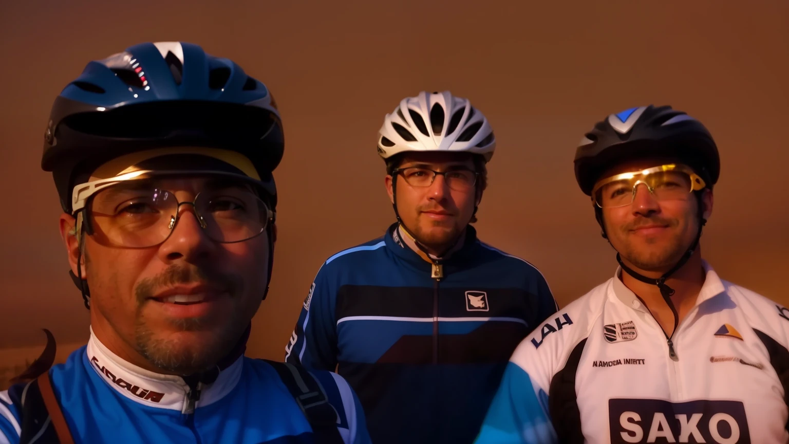 Photo Raw Enhance: Three men wearing helmets and glasses standing next to each other, ciclismo!!, Feliz!!!, flash frontal, noite!, horseback riding, album photo, triunfante, retrato!!, not cropped, ao entardecer!, foto selfie, foto ruim, retrato!!!, tiro muito perto, Noite!, medium detail, Iluminado!, boring, posing for camera, Viagem de bicicleta Hoffman, non blurry