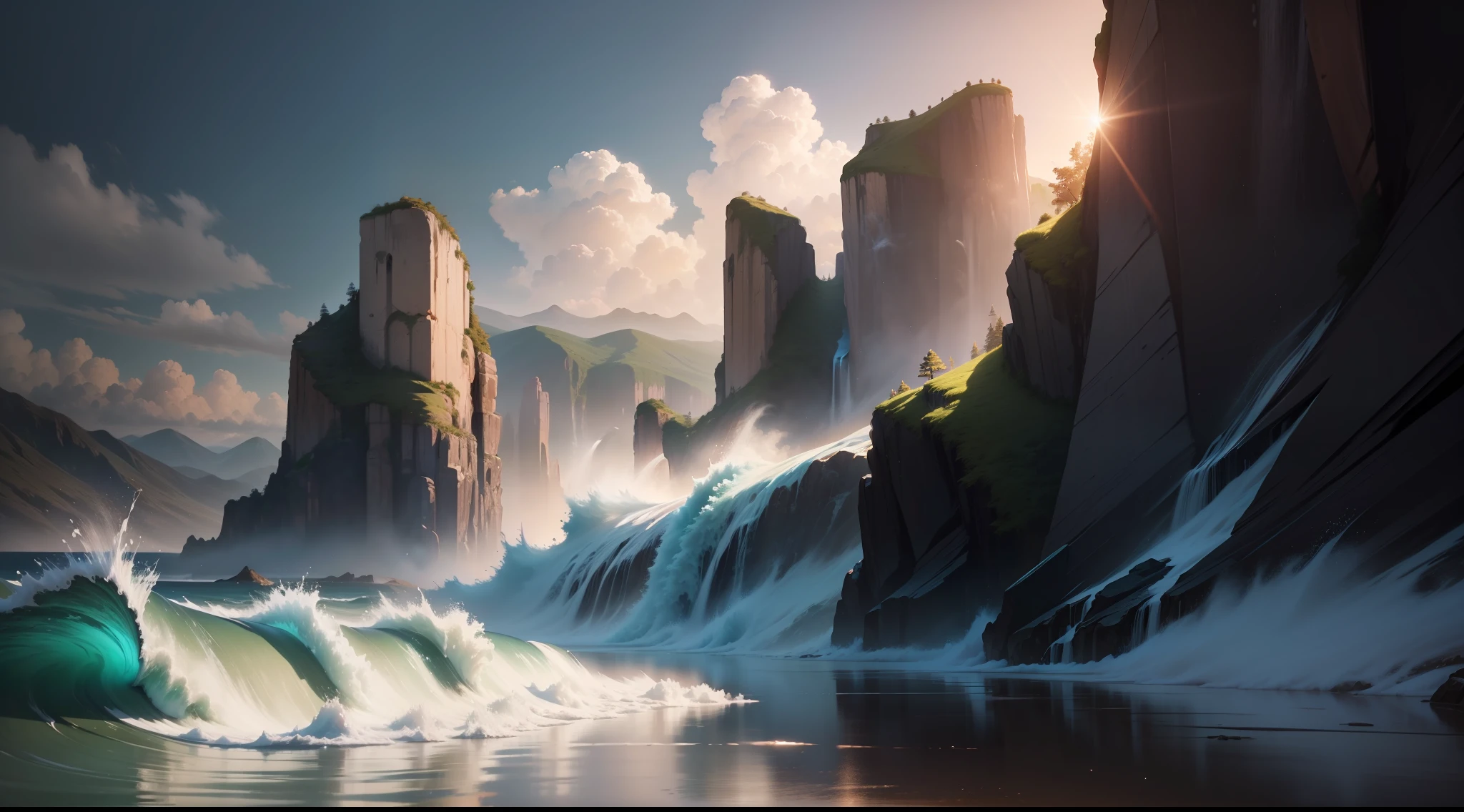 landscape,water,(extremely detailed CG unity 8k wallpaper), most beautiful artwork in the world,professional majestic oil painting,intricate, High Detail, Sharp focus, dramatic, photorealistic painting art