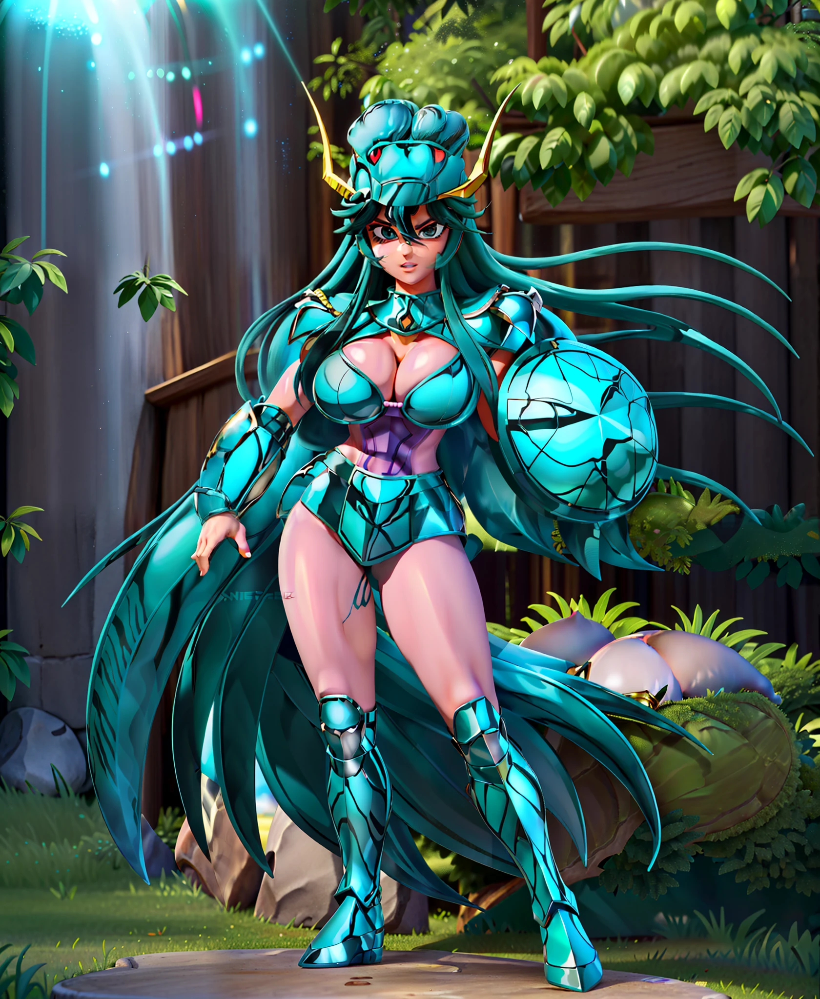 Ultra-high saturation(tmasterpiece), fully body photo,Panorama characters,Full body figures,(best qualtiy),(1 girl), sface focus,sexy armor,No underwear,Fine fine skin,Plump breasts,Expose your chest,Saint Seiya Armor, Detailed armor pattern,messy hair,highly detailed realistic photograph of,god light,super sharp focus,Ultra high quality,,(gigantic cleavage breasts:1.5),(Bare breasts:1.3), (Shiny skin:1.3), Very big ass, Symmetrical detail surface,Sexy,Ultra-high saturation,High-gloss armor,Smooth skin, Wearing Dragon Constellation armor,Kind expression,cabelos preto e longos,Green armor