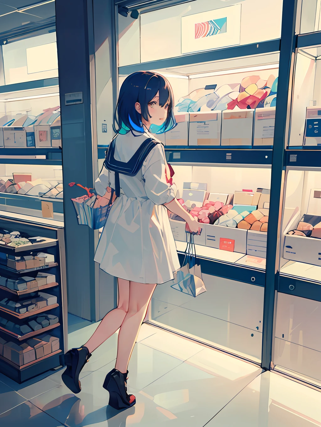 ((masterpiece,best quality)),(negative space),(1girl),beautiful detailed eyes,colorful:1.1, contemporary,vivid color, shopping, window shopping, happy,