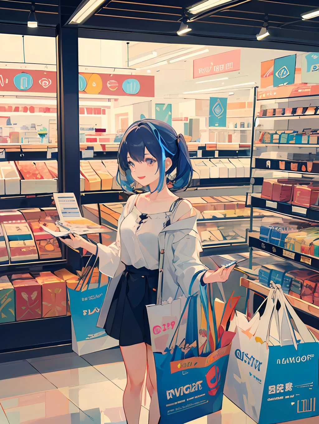 ((masterpiece,best quality)),(negative space),(1girl),beautiful detailed eyes,colorful:1.1, contemporary,vivid color, shopping, window shopping, happy,