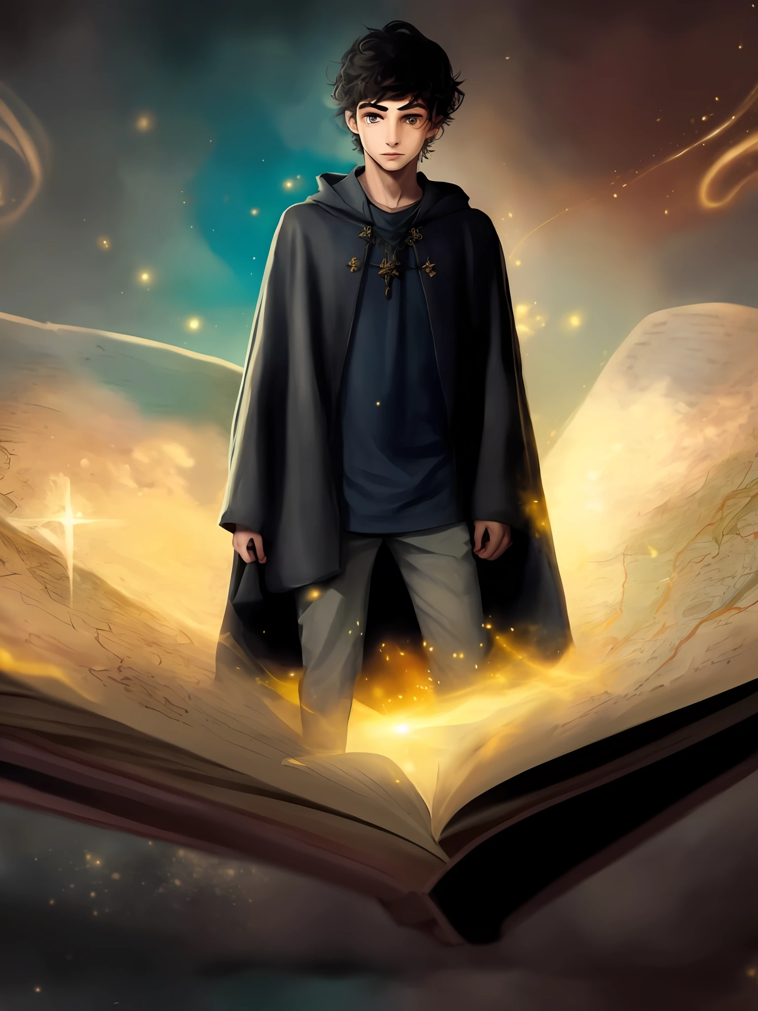 Imagem detalhada, Alta Defunição, 8k , no distortion, obra prima, olho cartoon 3 D, pixar m homem de capa ssindo de dentro de um l8vro ou mapa a um livro aberto, capa de romance de fantasia para jovens adultos, jovem bruxo, Retrato de um jovem mago elfo, mago masculino, Capa de livro de fantasia, jovem mago meio elfo, dramatic reading spell book pose, Maya Ali como um D&d feiticeiro, Retrato de Merlin, Skinny Masculino Fantasia Alquimista, arte da capa de um livro