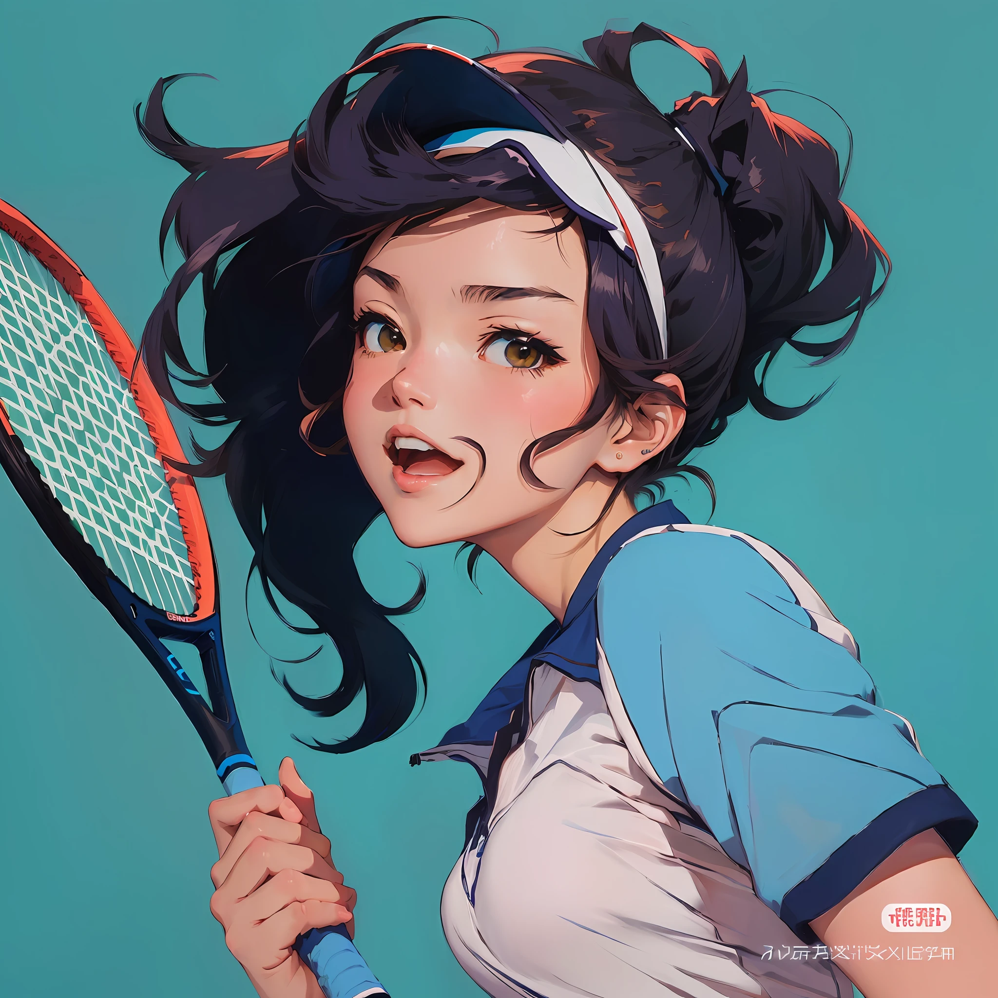 Anime girl with tennis racket in hand and blue background, Marin Kitagawa fanart, author：Kikukawa Sakaeyama, author：Kiyochika Kobayashi, ( Ilya Kuvshinov ), High-quality fanart, a girl playing tennis, Ilya Kuvshinov style, offcial art, itsuko azuma, author：Kishiganku