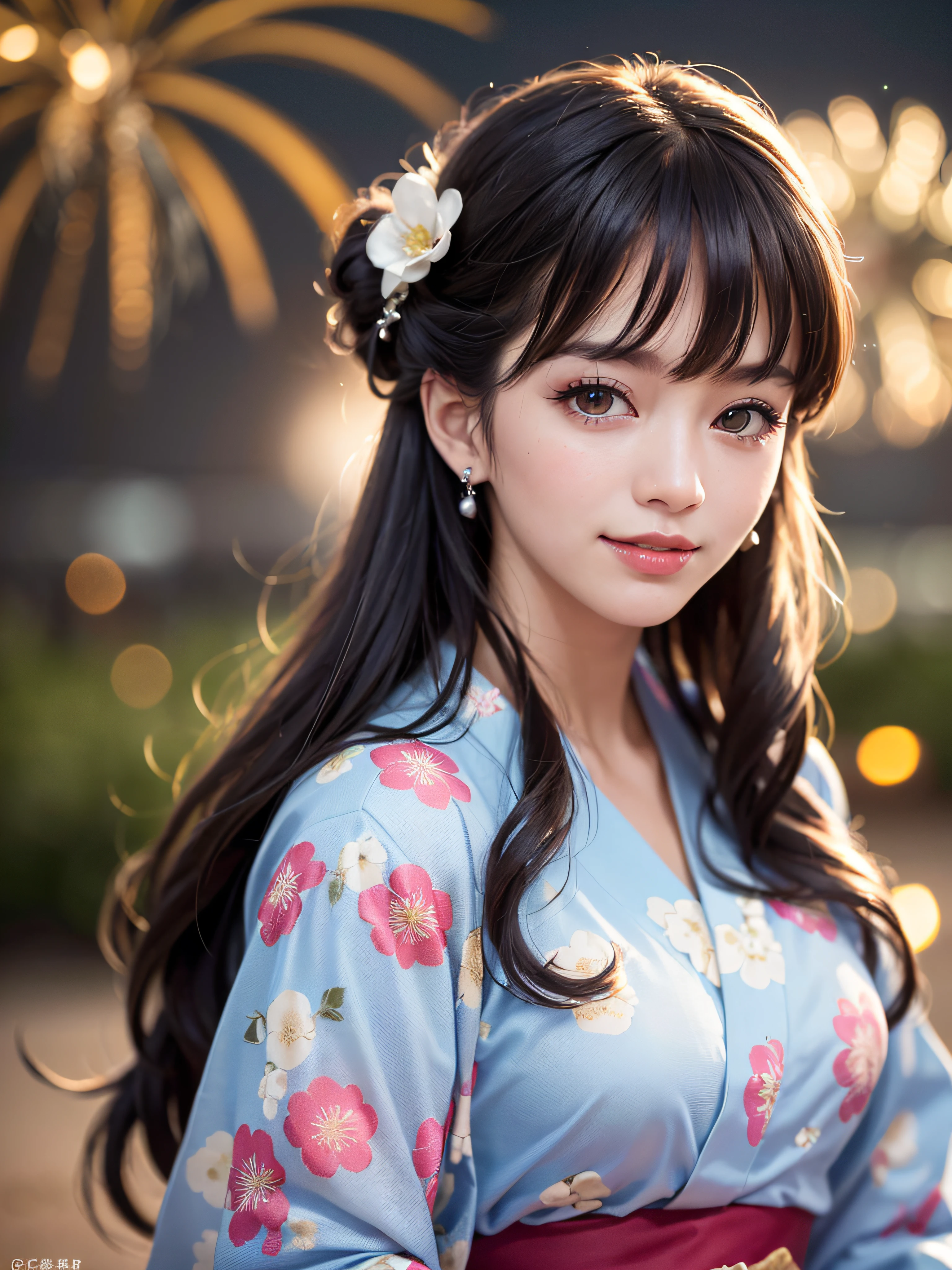 (realistic, photo-realistic:1.37), (masterpiece:1.2), (best quality:1.4), (ultra high res:1.2),(RAW photo:1.2), (sharp focus:1.3), (face focus:1.2), vibrant details, hyperrealistic, (full body:1.37), (1girl wearing detailed yukata:1.5), (23yo:1.1), (happy smile:1.35), (extremely detailed beautiful face and eyes:1.4), (extremely detailed beautiful hair:1.4),delicate composition,(posing:1.2), (young hands:1.2), medium breast, flower hair ornament,(Updo hair:1.3),( lipgloss, eyelashes, gloss-face, glossy skin, best quality, ultra highres, depth of field, chromatic aberration, caustics, Broad lighting, natural shading,Kpop idol:1.2) looking at viewer with a serene and goddess-like happiness,BREAK,
(Beautiful fireworks in the night sky background:1.2),(japanese summer festival:1.1), scenery, bangs, beautiful detailed eyes, makeup, looking at viewer, (cute), (soft lighting), finely detail,