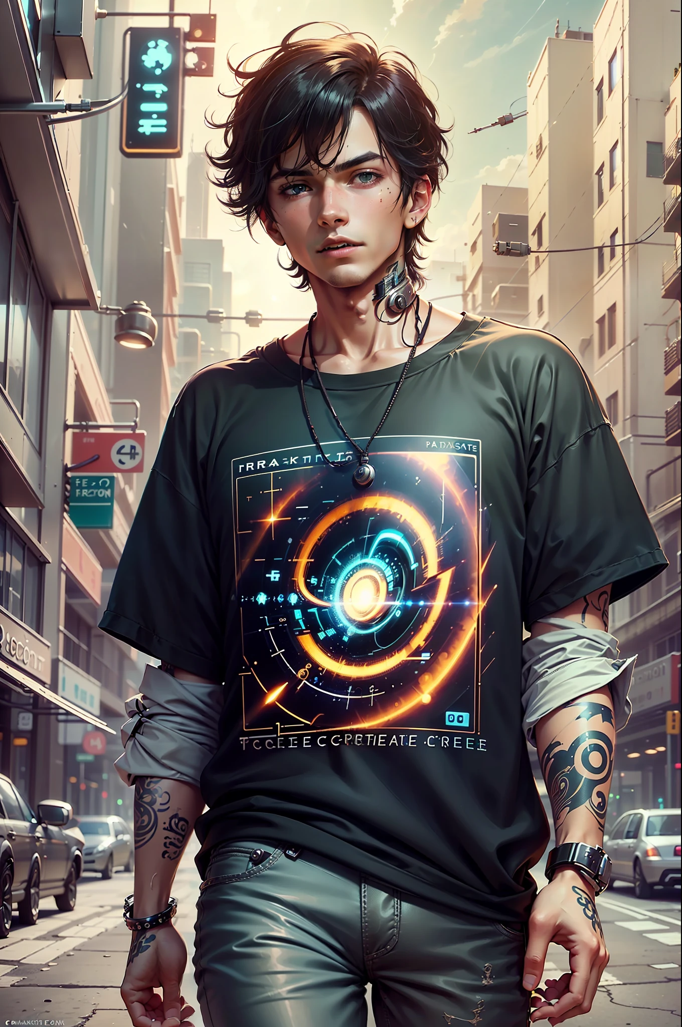 ((create very precision):1.5) An anime 20 years old boy with a spiral neck tatoo, black hair and a rock and roll shirt, in a futuristic city, full take, solo, (1 character:1.5) --auto --s2