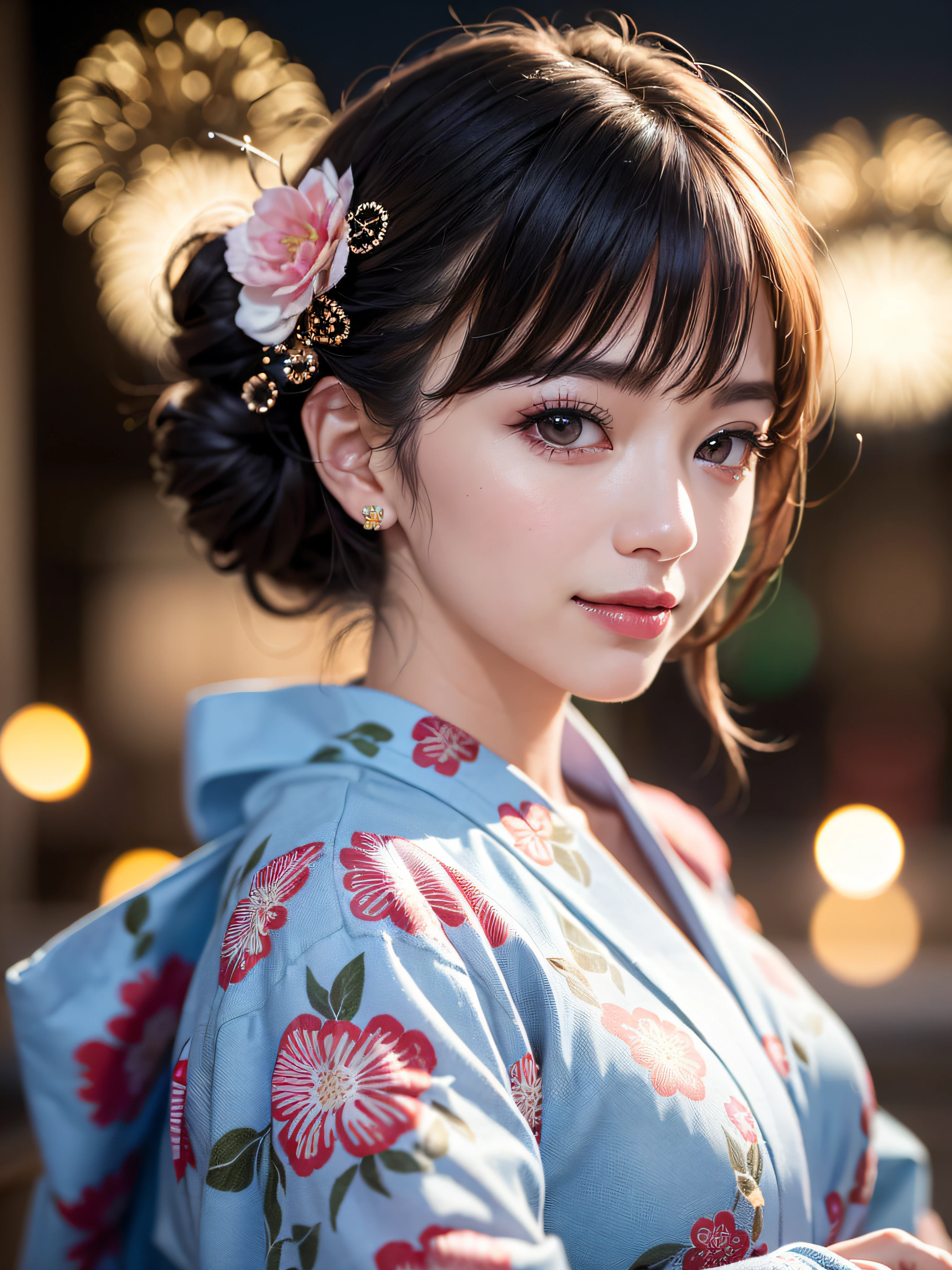 (realistic, photo-realistic:1.37), (masterpiece:1.2), (best quality:1.4), (ultra high res:1.2),(RAW photo:1.2), (sharp focus:1.3), (face focus:1.2), vibrant details, hyperrealistic, (full body:1.37), (1girl wearing detailed yukata:1.5), (23yo:1.1), (happy smile:1.35), (extremely detailed beautiful face and eyes:1.4), (extremely detailed beautiful hair:1.4),delicate composition,(posing:1.2), (young hands:1.2), medium breast, flower hair ornament,(Updo hair:1.3),( lipgloss, eyelashes, gloss-face, glossy skin, best quality, ultra highres, depth of field, chromatic aberration, caustics, Broad lighting, natural shading,Kpop idol:1.2) looking at viewer with a serene and goddess-like happiness,BREAK,
(Beautiful fireworks in the night sky background:1.2),(japanese summer festival:1.1), scenery, bangs, beautiful detailed eyes, makeup, looking at viewer, (cute), (soft lighting), finely detail,