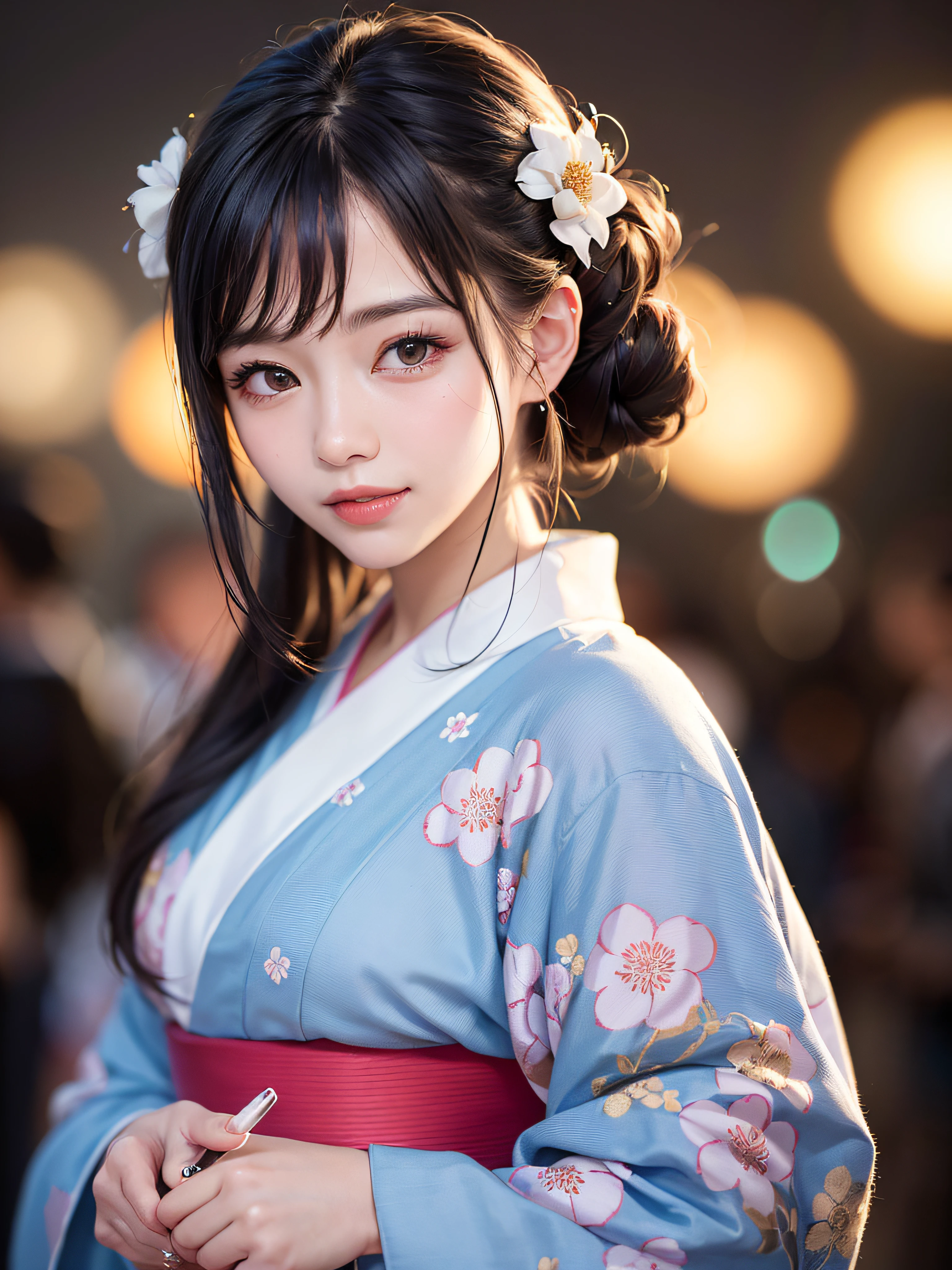 (realistic, photo-realistic:1.37), (masterpiece:1.2), (best quality:1.4), (ultra high res:1.2),(RAW photo:1.2), (sharp focus:1.3), (face focus:1.2), vibrant details, hyperrealistic, (full body:1.37), (1girl wearing detailed yukata:1.5), (23yo:1.1), (happy smile:1.35), (extremely detailed beautiful face and eyes:1.4), (extremely detailed beautiful hair:1.4),delicate composition,(posing:1.2), (young hands:1.2), medium breast, flower hair ornament,(Updo hair:1.3),( lipgloss, eyelashes, gloss-face, glossy skin, best quality, ultra highres, depth of field, chromatic aberration, caustics, Broad lighting, natural shading,Kpop idol:1.2) looking at viewer with a serene and goddess-like happiness,BREAK,
(Beautiful fireworks in the night sky background:1.2),(japanese summer festival:1.1), scenery, bangs, beautiful detailed eyes, makeup, looking at viewer, (cute), (soft lighting), finely detail,