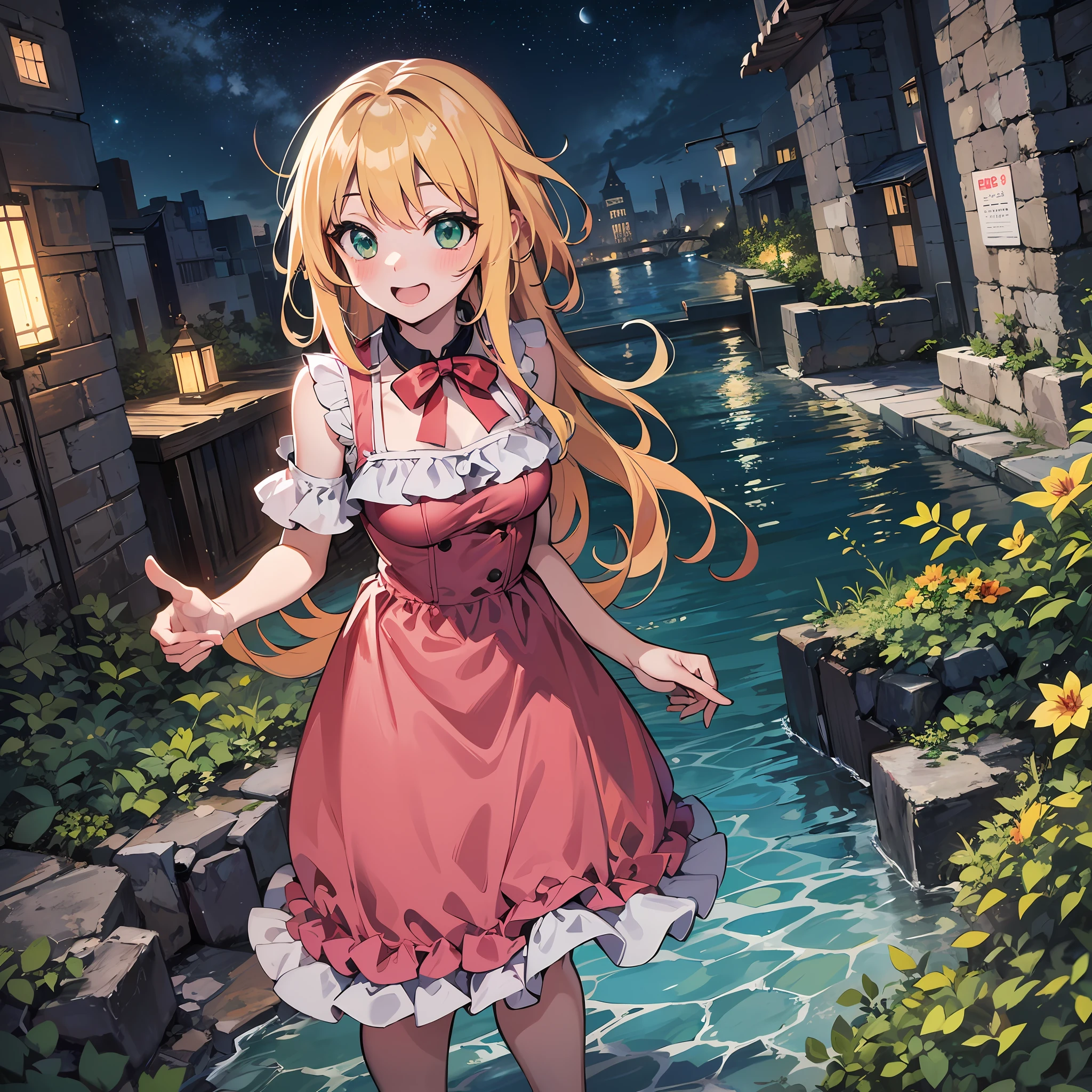 (masterpiece:1.3), (best quality:1.3), high resolution,
cowboy shot,
standing, feet in the water, barefoot,
(one cute girl:1.3), solo,
white skin, small Breast, eight-headed person,
light yellow hair, long hair, red ribbon, fluffy hair, beautiful hair, green eyes, beautiful detailed eyes,
embarrassed smile, shy, blush,
frilled one-piece swimsuit, pink one-piece swimsuit,
outdoors, Ruins of beautiful details, night sky, ruins station, underwater railway,
shadowlighting,