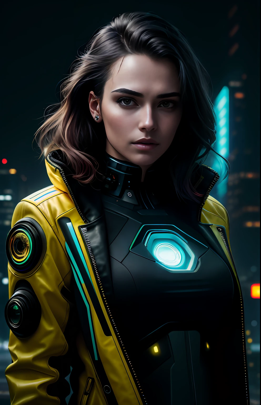 cyberpunk portrait photography, beautiful young woman looking off camera in glowing futuristic jacket, super realistic face, eyes visible through hair, proper eye position, natural skin, soft light, rim light, hips, in road side, detailed background, intricate , highly detail, octane render, HD, 8k, by Annie Leibovitz,120mm