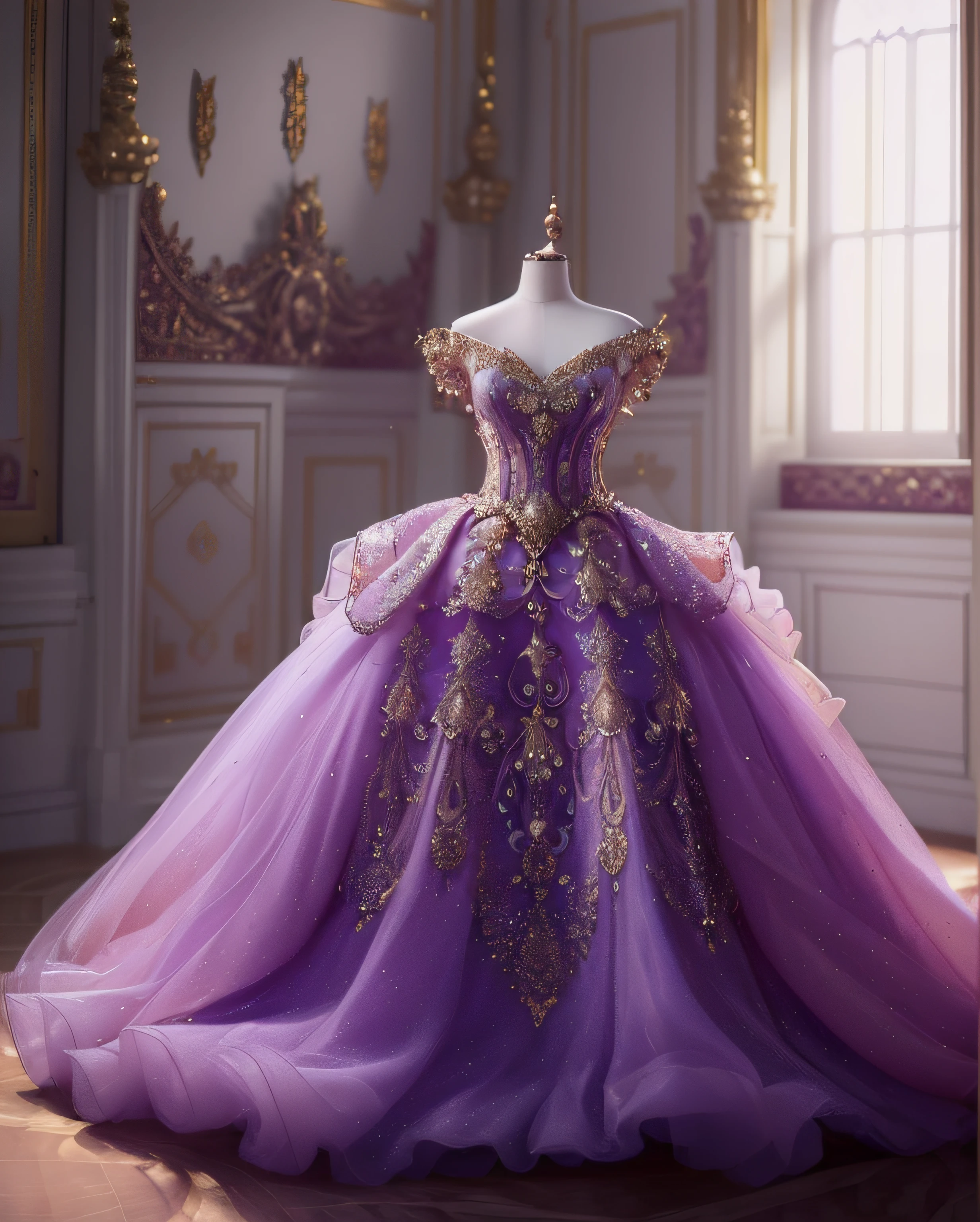 a hyper realistic photograph of a girl standing wearing a majestic light beige and gold ball gown dress, big beautiful dress, intricate puffy ball gown with lots of ruffles and rhinestones (Best quality, masterpiece, ArtStation, Fantasy Art:1.2), a palace room, a beautiful cute girl, (long white hair:1.1), (intricate short gold skirt, bare legs:1.2, full body shot)