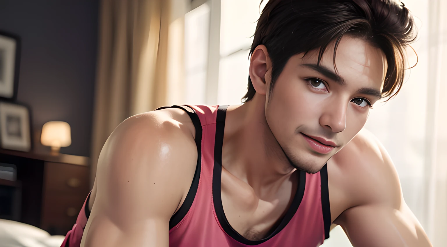 ((Men only)), (cowboy shot), (handsome muscular man in his 20s in pink tanktop), (pink short hair), Chris Redfield, Mischievous smile, (detaile: 1 in 1), Natural muscles, HIG quality, beautidful eyes, (Detailed face and eyes), (Face、: 1 / 2), Noise, Real Photographics、... ............................................................................PSD, Sharp Focus, High resolution 8K, realisitic & Professional Photography, 8K UHD, Soft lighting, High quality, Film grain, FujifilmXT3