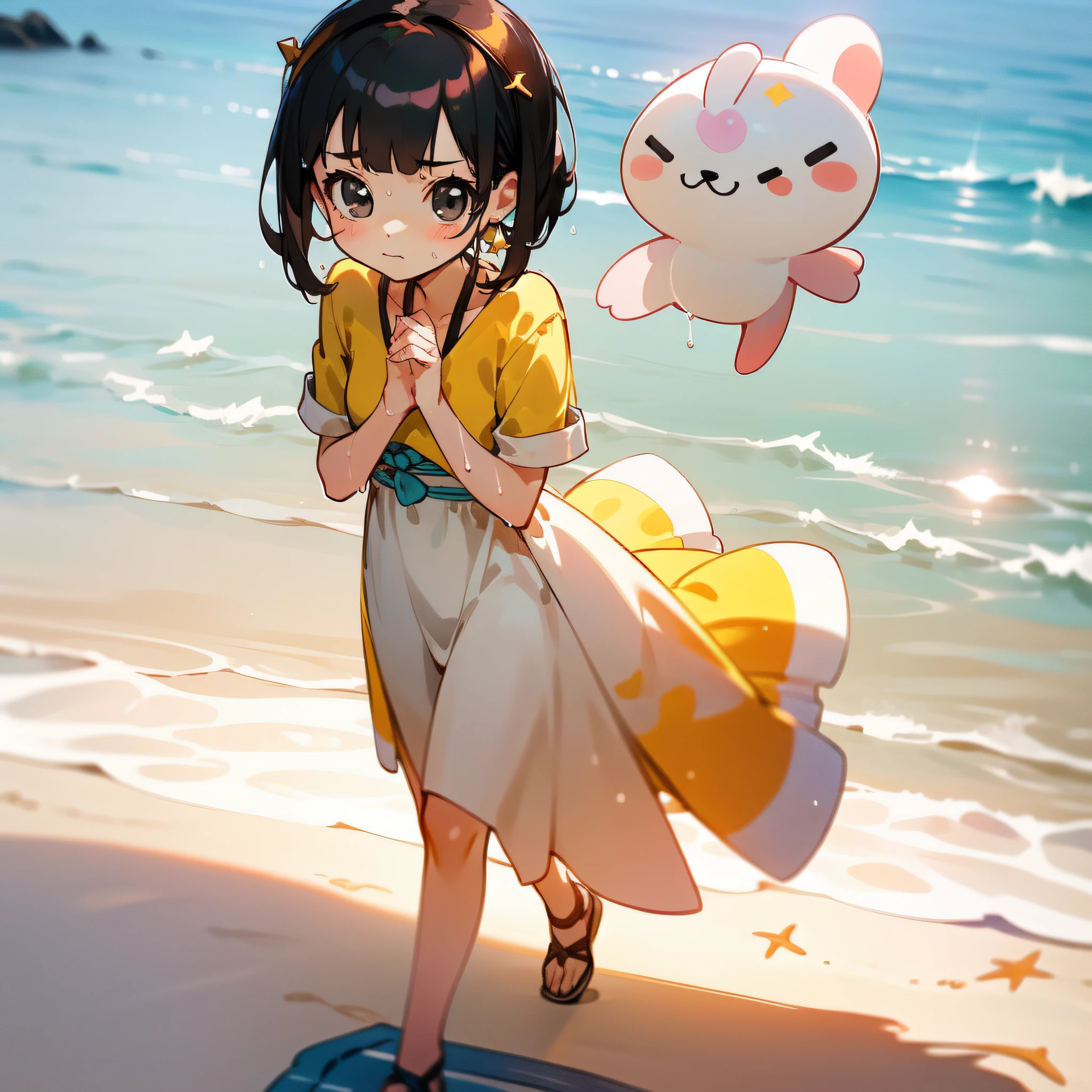 (Highly detailed CG Unity 8k wallpaper), (Best Quality), (Super Detail), (Best Illustration), (Best Shadow), POV, Realistic lighting and shading, Natural light, Lens flare effect, BREAK, 1 beautiful girl, Solo,(Cute:1.5),(Chibi:0.8), (kawaii:1.5),(Lori:0.5), BREAK, ((girl, Cute, Cheerful, Loli face, slightly bulging chest,(A dark-haired,a short bob,tareme:1.2), gleaming skin, Stuffed rabbit,BREAK,(Wet Casual Beachwear:1.2), (lightweight summer one-piece dress:1.2), (White rabbit ear headband:1.0), (flipflops:1.0), (star-shaped earring:1.1), (Cute Accessories:1.3), (Jealous face, Greatly puffed out cheeks, Staring ,Closed mouth:1.1), (Casual pose, Walking:1.3), (Beach background:1.3),🌄