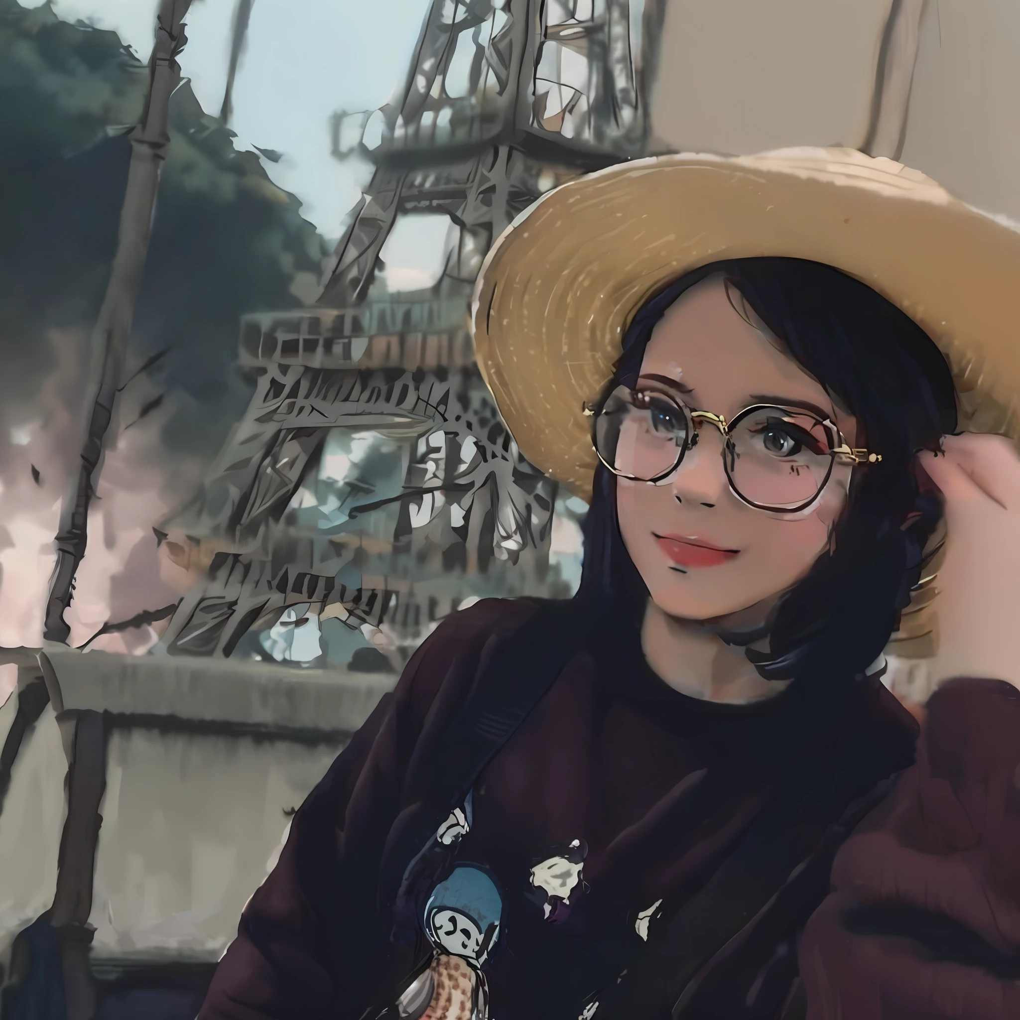 Araffe wearing a hat and glasses sitting in front of a model of the Eiffel Tower, francesa, Retrato Lofi, Retrato de Lofi em uma janela, girl wearing round glasses, retrato de alta qualidade, Brandon Woelfel, menina wearing a travel hat, Fotografado com uma lente Canon 35mm, wearing a chocker and cute hat