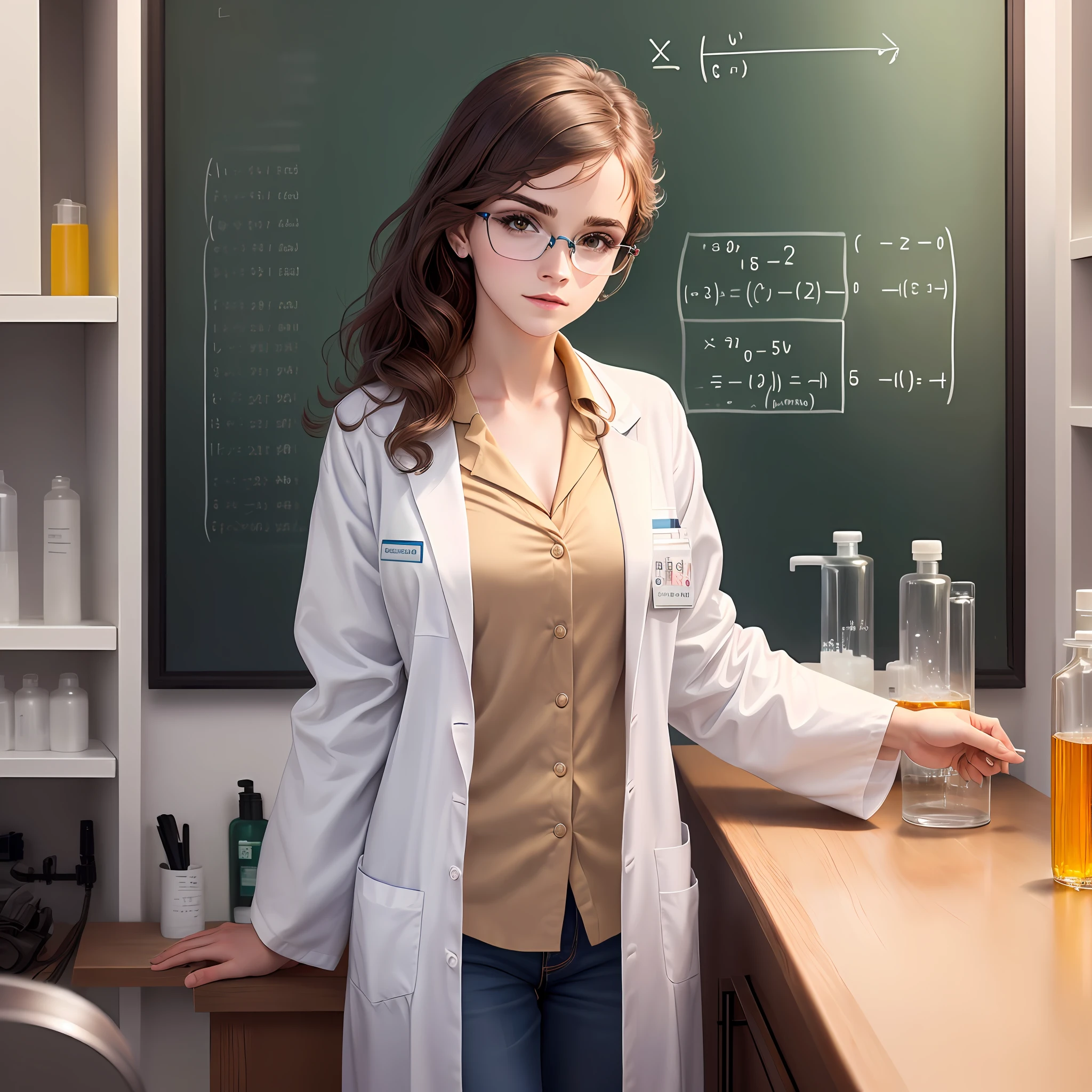 Chemical scientist in lab coat, maths, lado a lado, of white american glasses, Cabelos Longos, professora, Foto em perfil,de frente, foto 3x4, parecida com Emma Watson